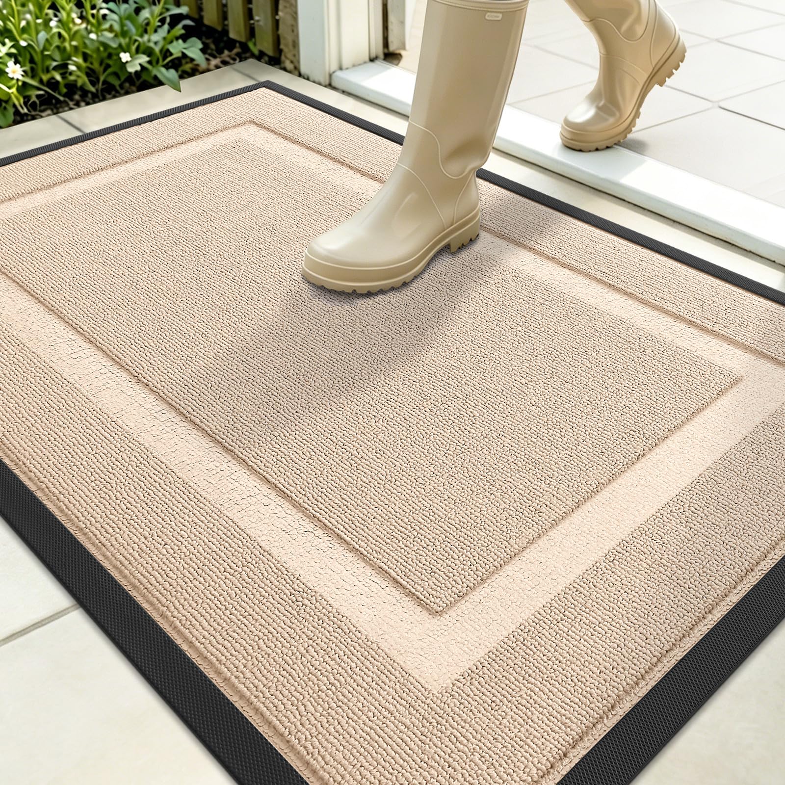 OLANLY Front Door Mat Outside 35x23, All-Season Heavy-Duty Rubber Doormat | Off-White, Absorbent, Stain Fade Resistant, Waterproof Non-Slip Backing, Low-Profile Indoor Outdoor Floor Mat for Entryway