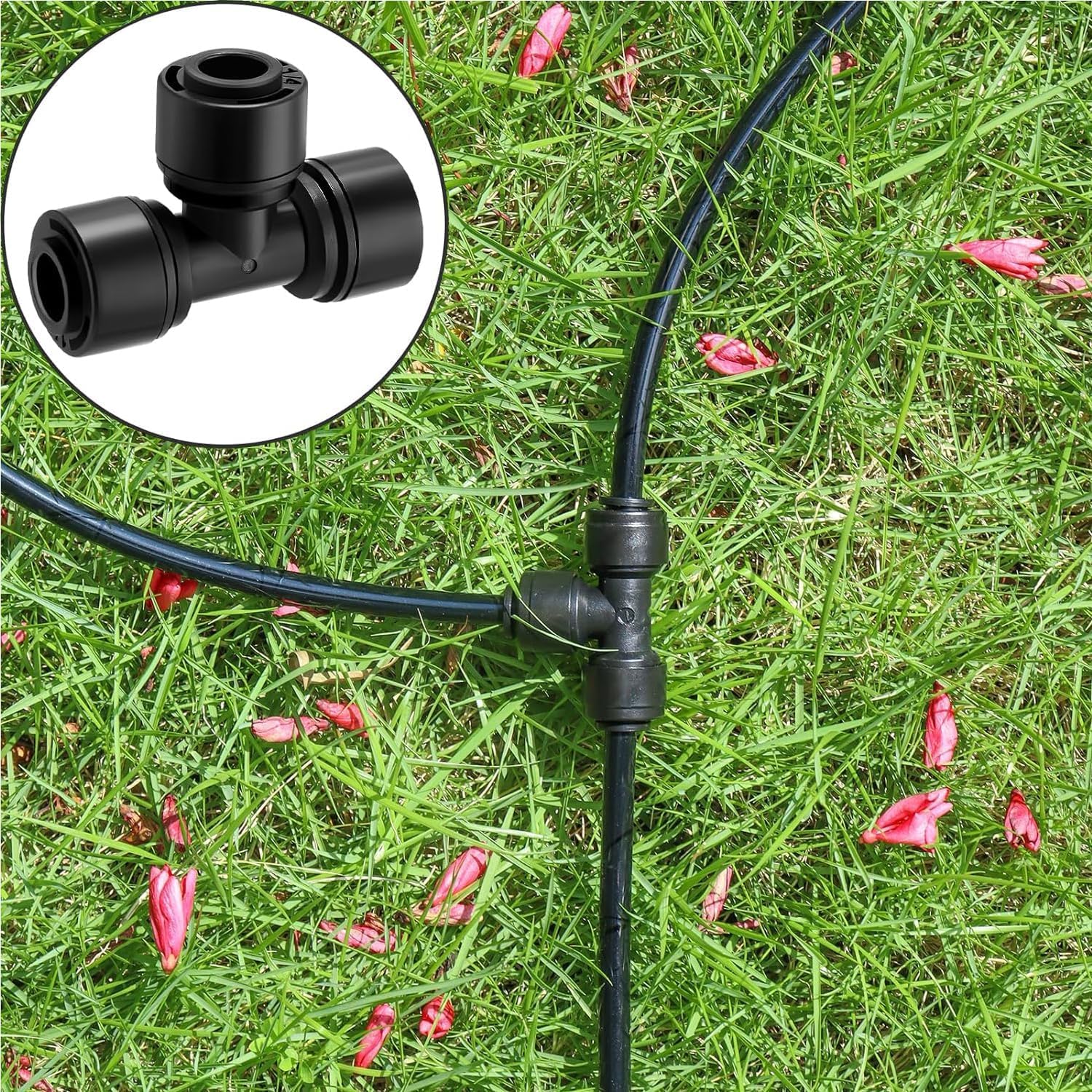 Confezione da 15 connettori a T a innesto rapido da 1/4", raccordo a T da 6,35 mm, senza perdite, per irrigatori o sistemi di irrigazione a goccia (nero)