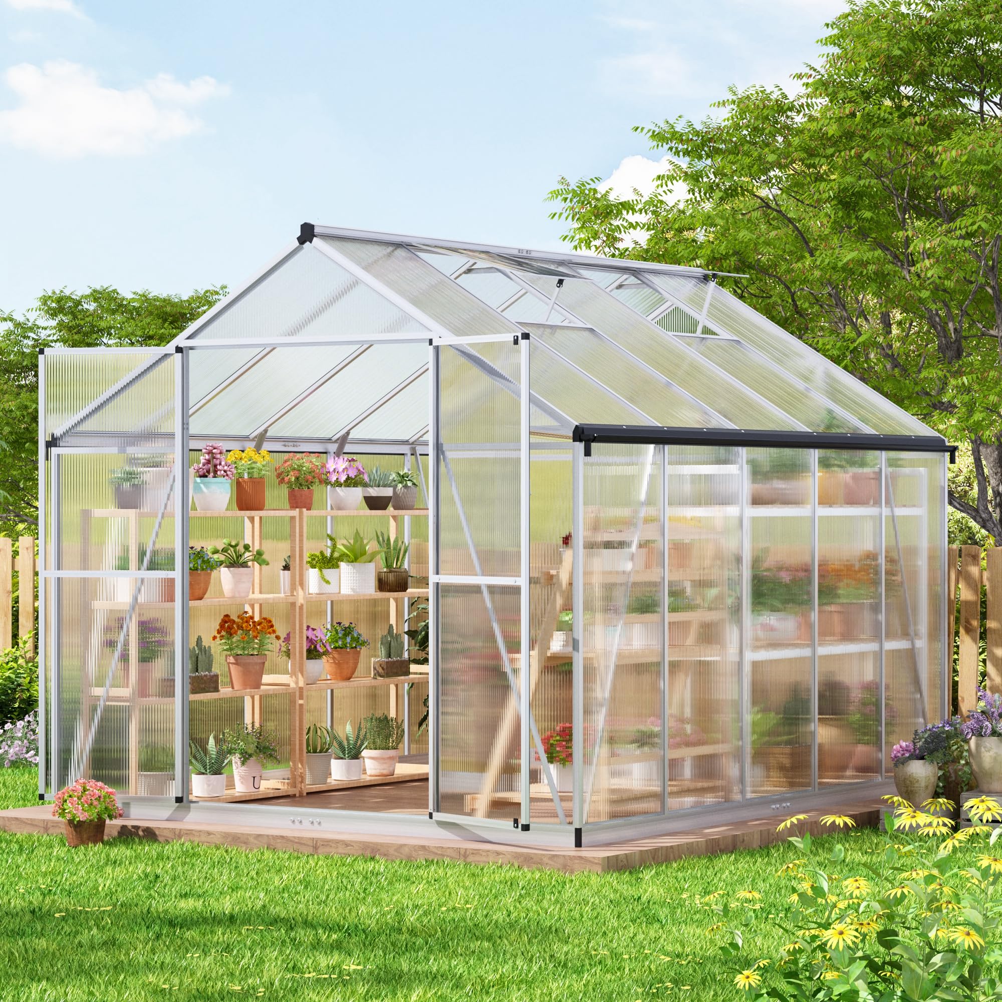 8x10 FT Greenhouse - Polycarbonate with Quick Assembly, Roof Vent, Large Aluminum Walk-in for Outside Garden Backyard, Silver