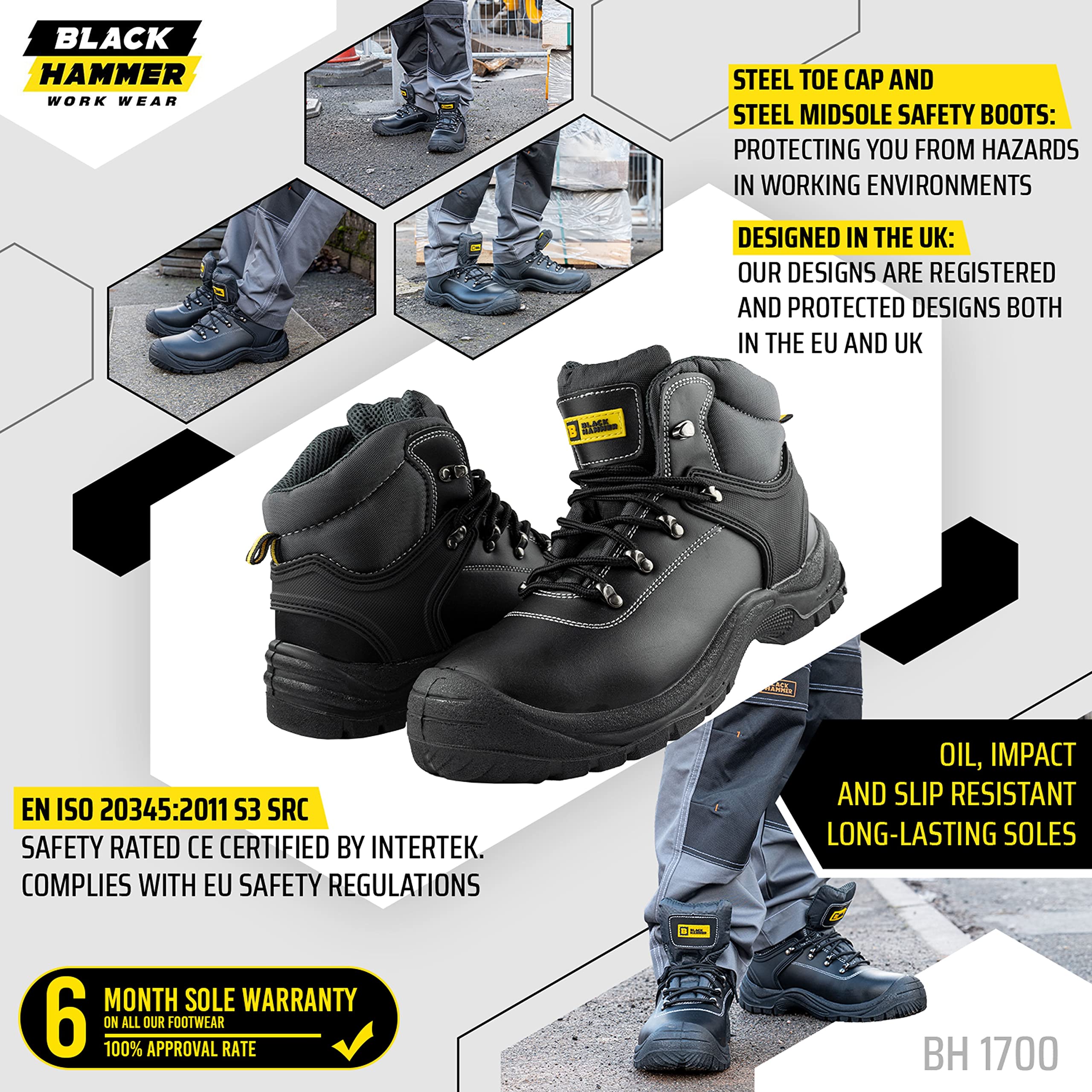 BLACK HAMMER Botas de seguridad con puntera de acero hombre Calzado de trabajo de cuero resistente y ligero S3 SRC 1700 Negro (43 EU)