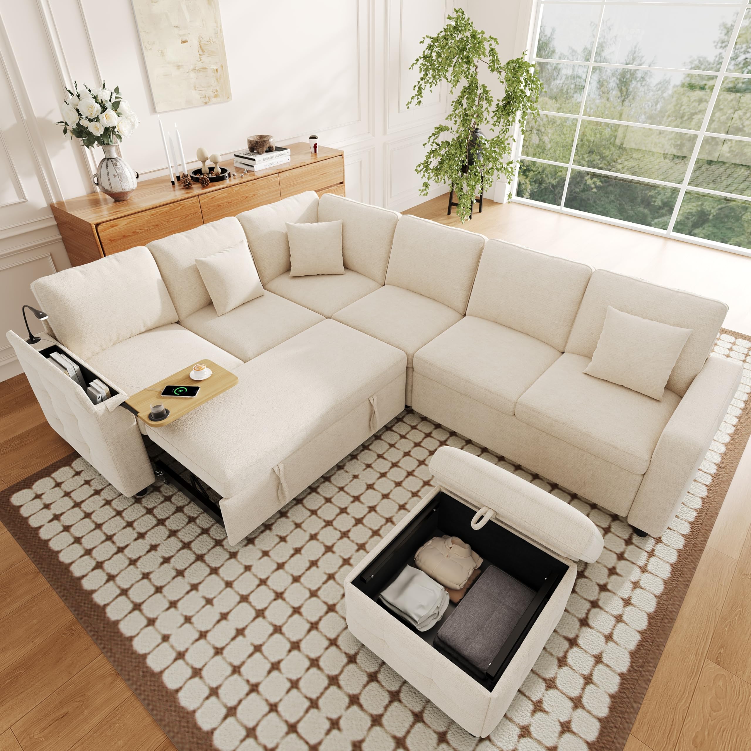 Divano angolare XXL a forma di L, allungabile e convertibile, con funzione letto, per 7 persone, con braccioli, tavolino pieghevole, porta bevande, 3 cuscini, beige
