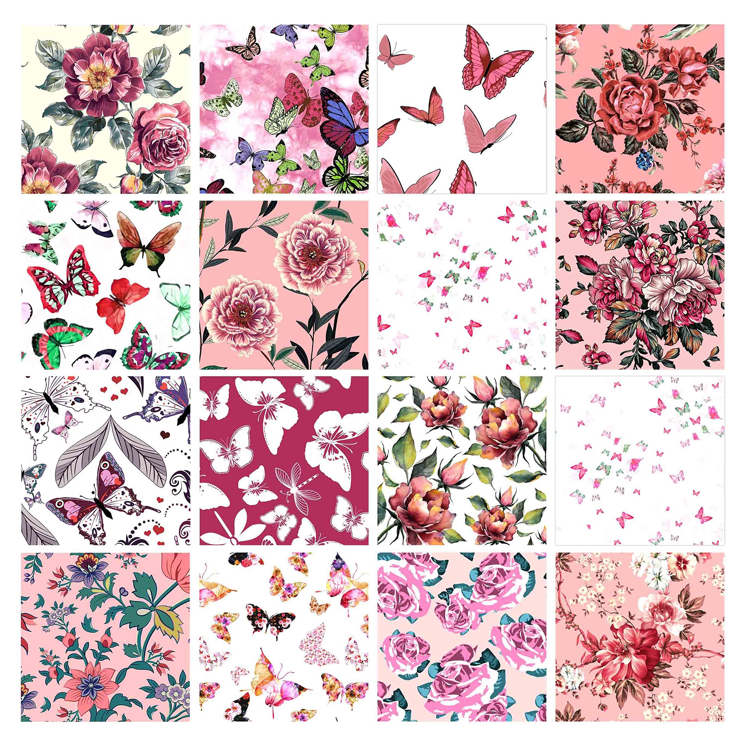 Soimoi 16 Pc Bundle De Puntos De Fate, Floral Y Mariposa Imprimir 18"X 22" Patchwork De Brije- Tela 100% Algodon Precortado Rosa Y Blanca