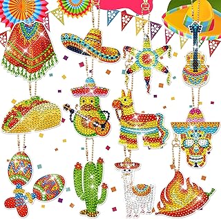 Augisteen 12 PCS Mexican Diamond Painting Keychains Kit Mexican Diamond Art Ornaments 5D Full Drill Diamond Key Rings Double Sided DIY Diamonds Pendants for Fiesta Party Cinco De Mayo Home Decor
