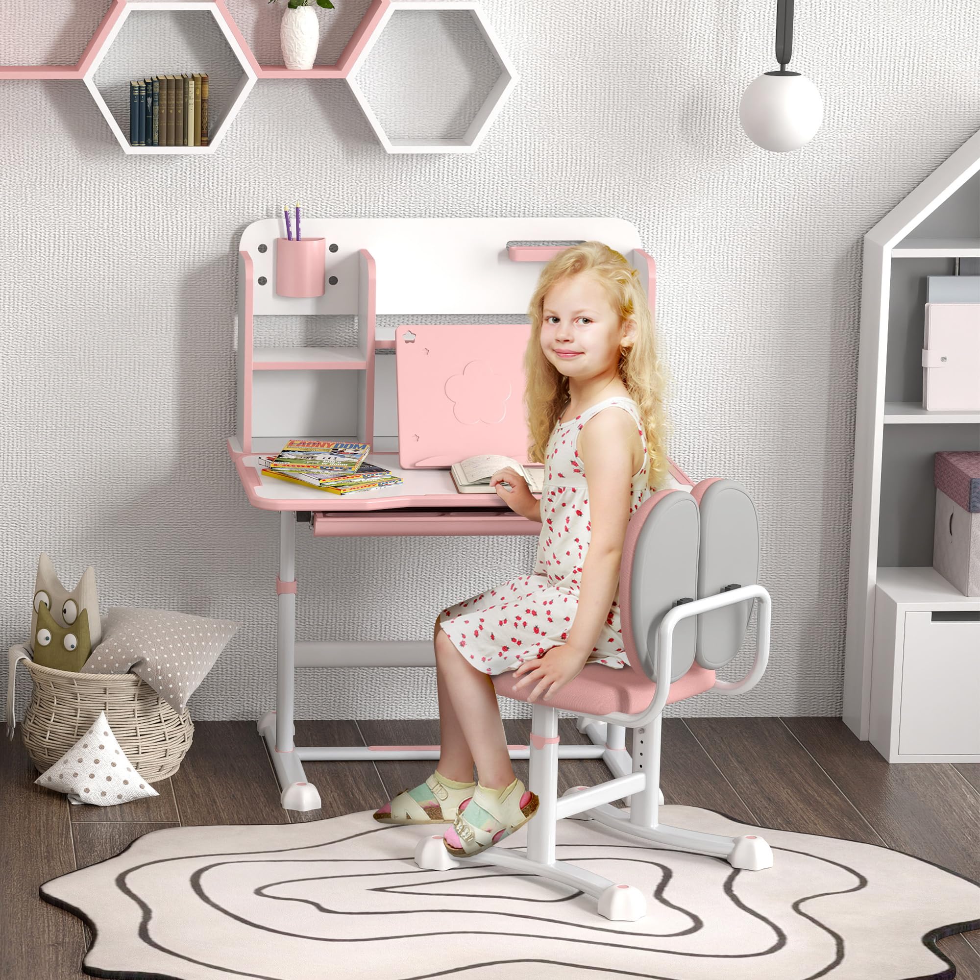 AIYAPLAY Set Scrivania e Sedia per Bambini 3-12 Anni Regolabili in Altezza, Banco Scuola con Piano Inclinabile 45°, Cassetto, Scaffale, Portapenne e Leggio, in Acciaio e MDF, Rosa