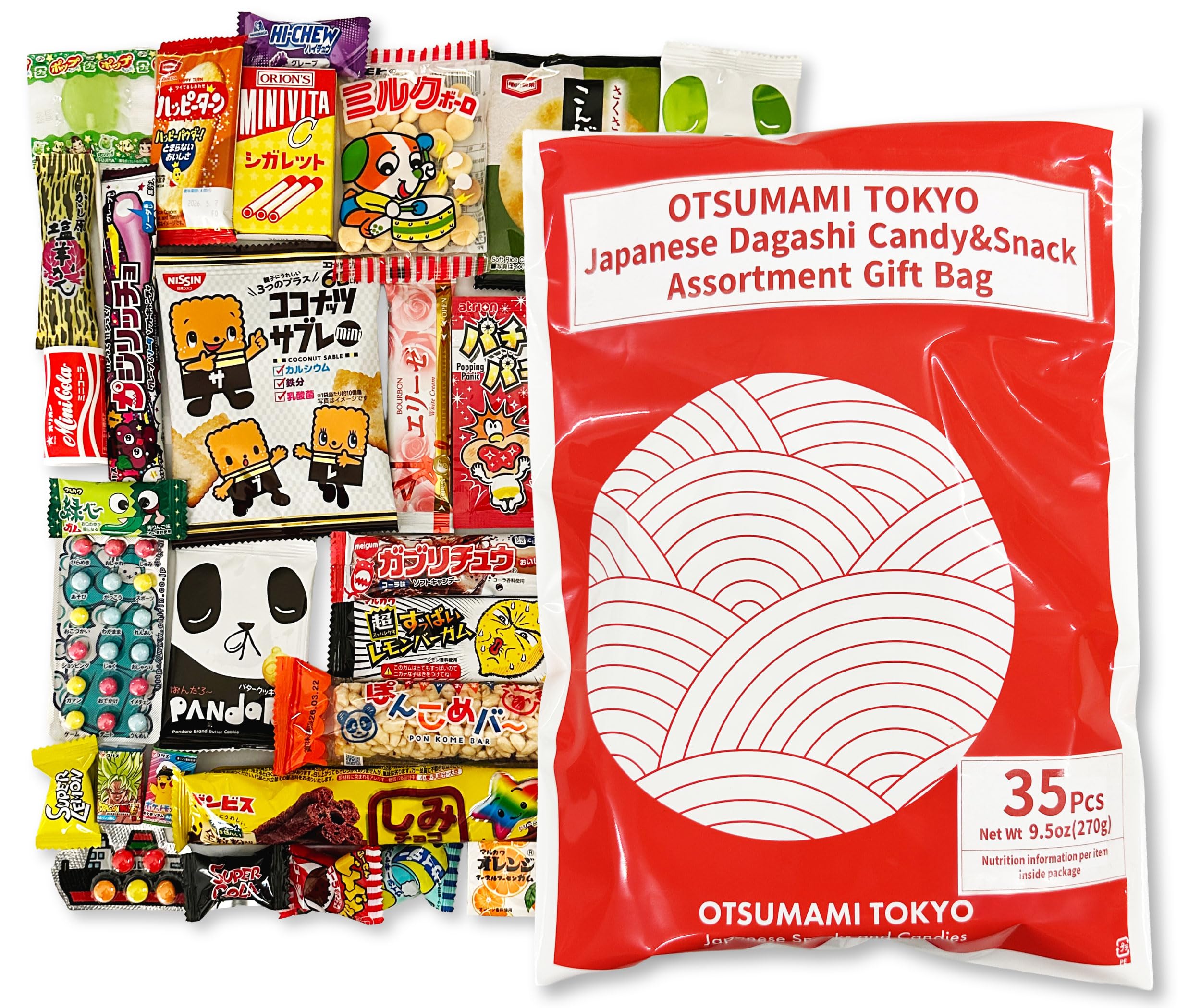 OTSUMAMI TOKYO, Original Japanese Snacks Giftee Bag, Full of Dagashi, Candy, Gummy, Marshmallows, Chips, Bubblegum, weird food Japan, for Gifts, Picnics, for both Children and Adults