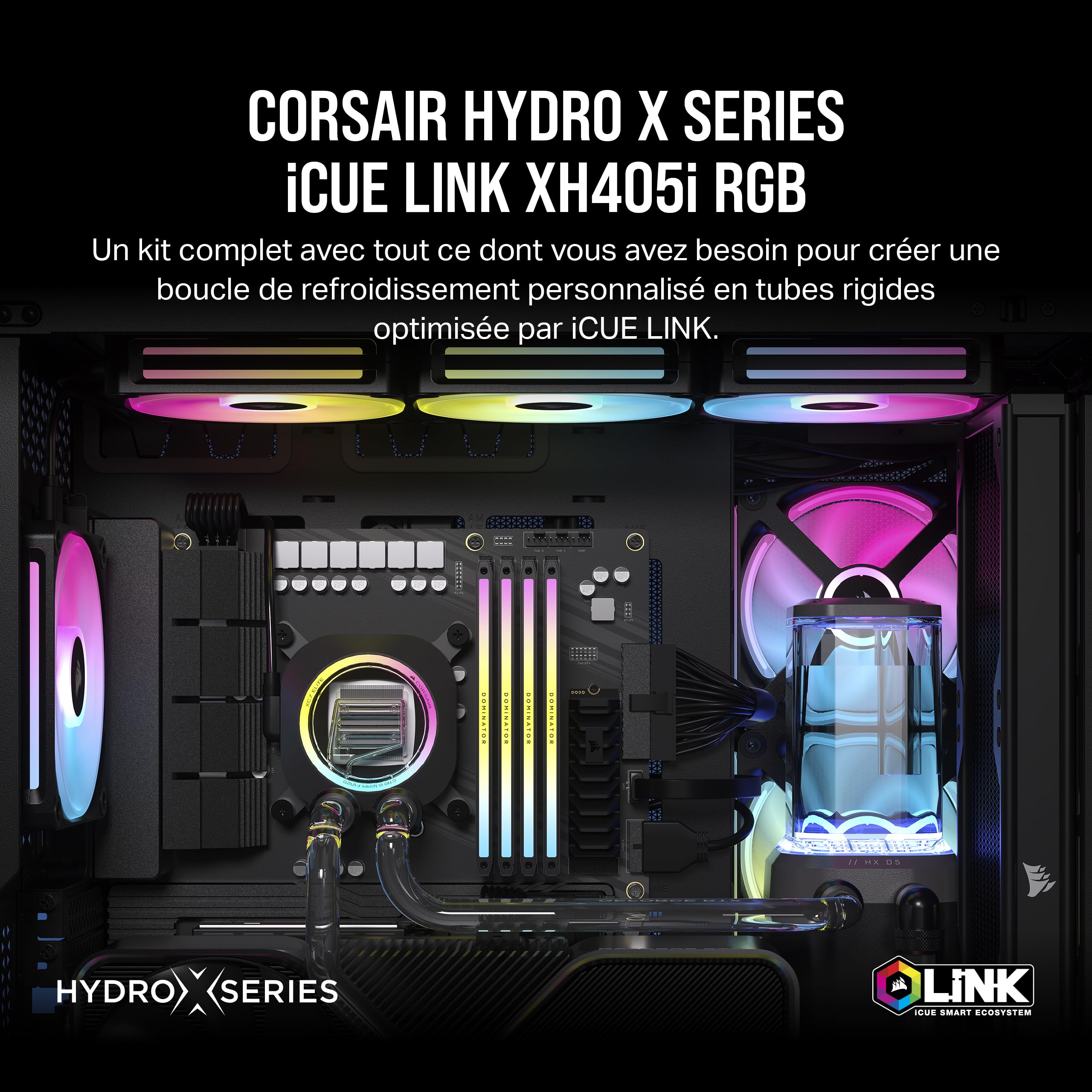 CORSAIR Hydro X Series iCUE Link XH405i Kit de Watercooling Personnalisé – Waterblock pour Processeur XC7 Elite – Pompe/Réservoir D5 XD5 Elite – 3 Ventilateurs RGB QX120 – Gris Furtif