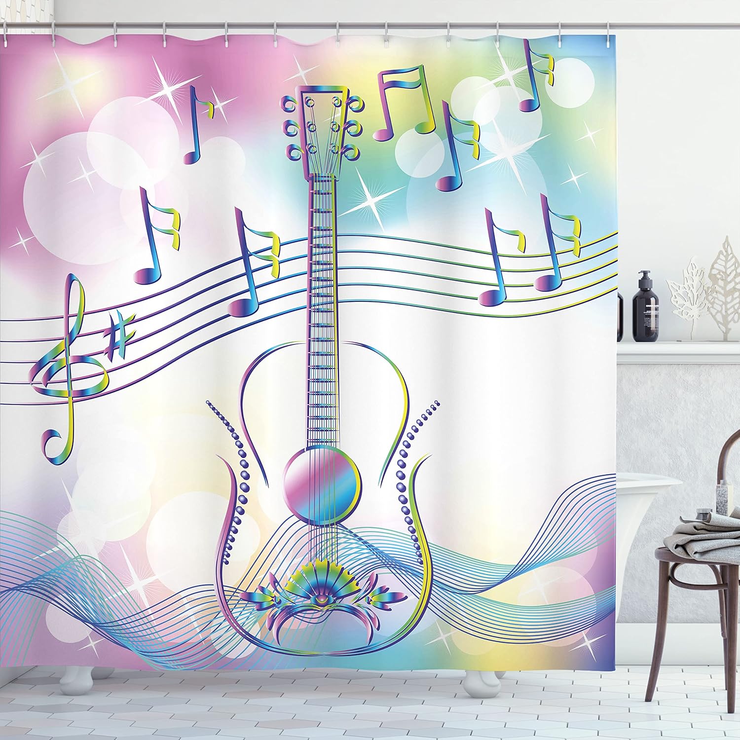 Ambesonne Music Shower Curtain, Abstract Image Backdrop with Guitar Musical Notes Star Beam Design, Cloth Fabric Bathroom Decor Set with Hooks, 69" W x 75" L, Blue White