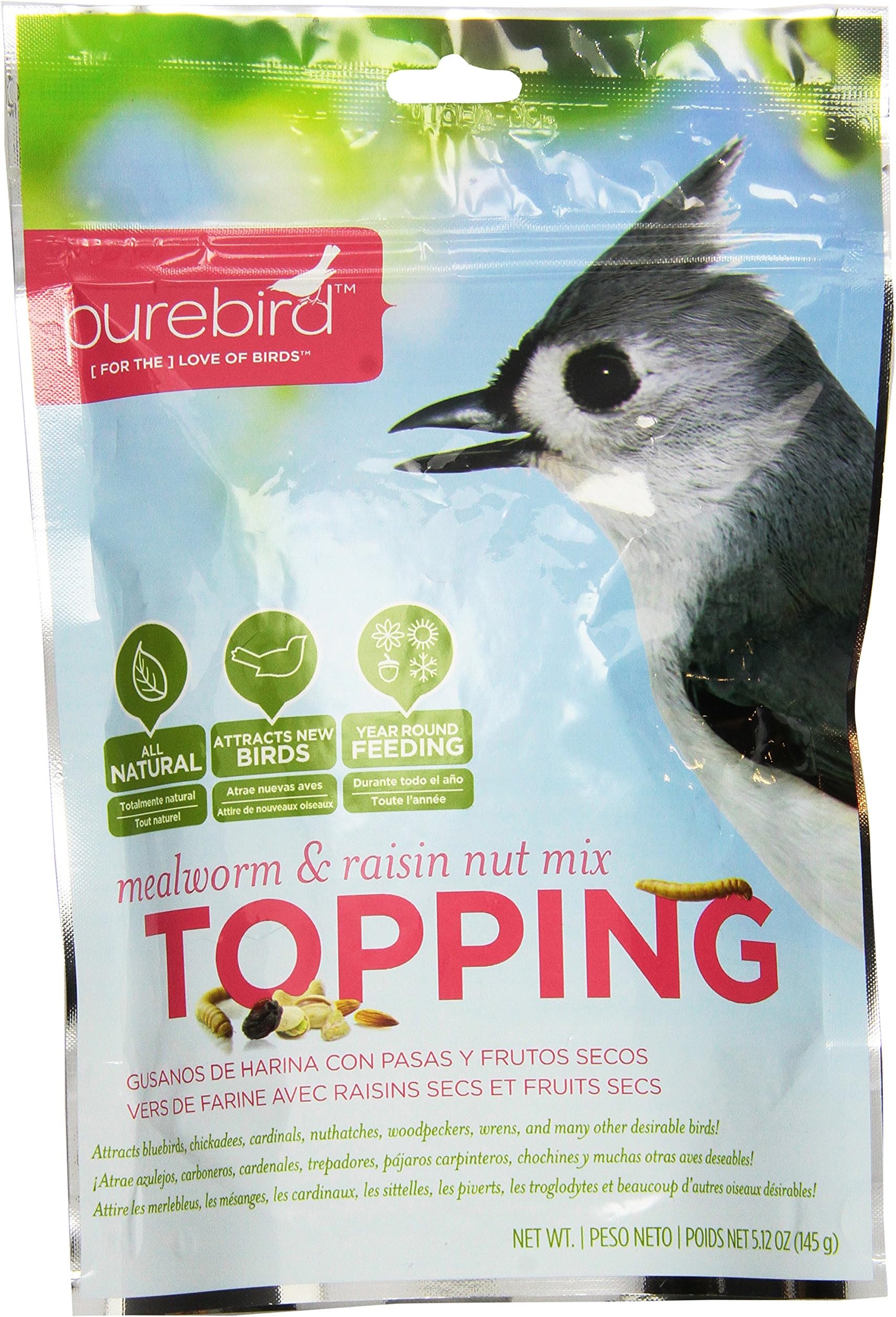 Purebird Mealworm And Raisin Nut Mix Topping For Wild Birds, 5.12-Ounce