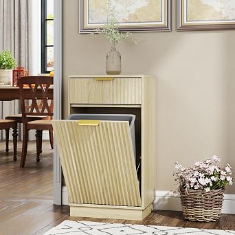 10-Gallon Tilt-Out Trash Can Cabinet, Woodgrain Garbage Recycling Cabinet with Drawer & Pull-Out Bin,Space-Saving Organizer for Kitchen,Bathroom,Living Room Natural Finish