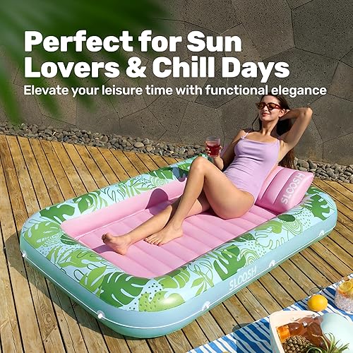 Miniatura 8 de Flotador inflable para piscina de bronceado Sloosh, 70" x 46" flotadores de piscina para adultos con almohada, balsa de tina de bronceado de 4 en 1