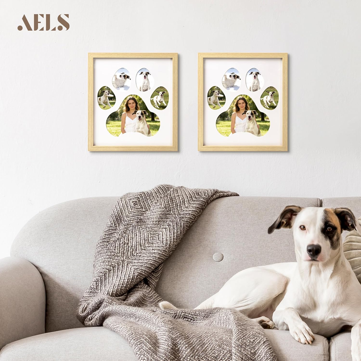 AELS Dog Paw Print Photo Collage Frame, Holds 5 Pictures of Pets & Owners, Ideal Gift for Dog Moms & Dads, Natural Finish Pet Memorial Keepsake and Wall Décor, 10.24" x 11.4", 2Pcs