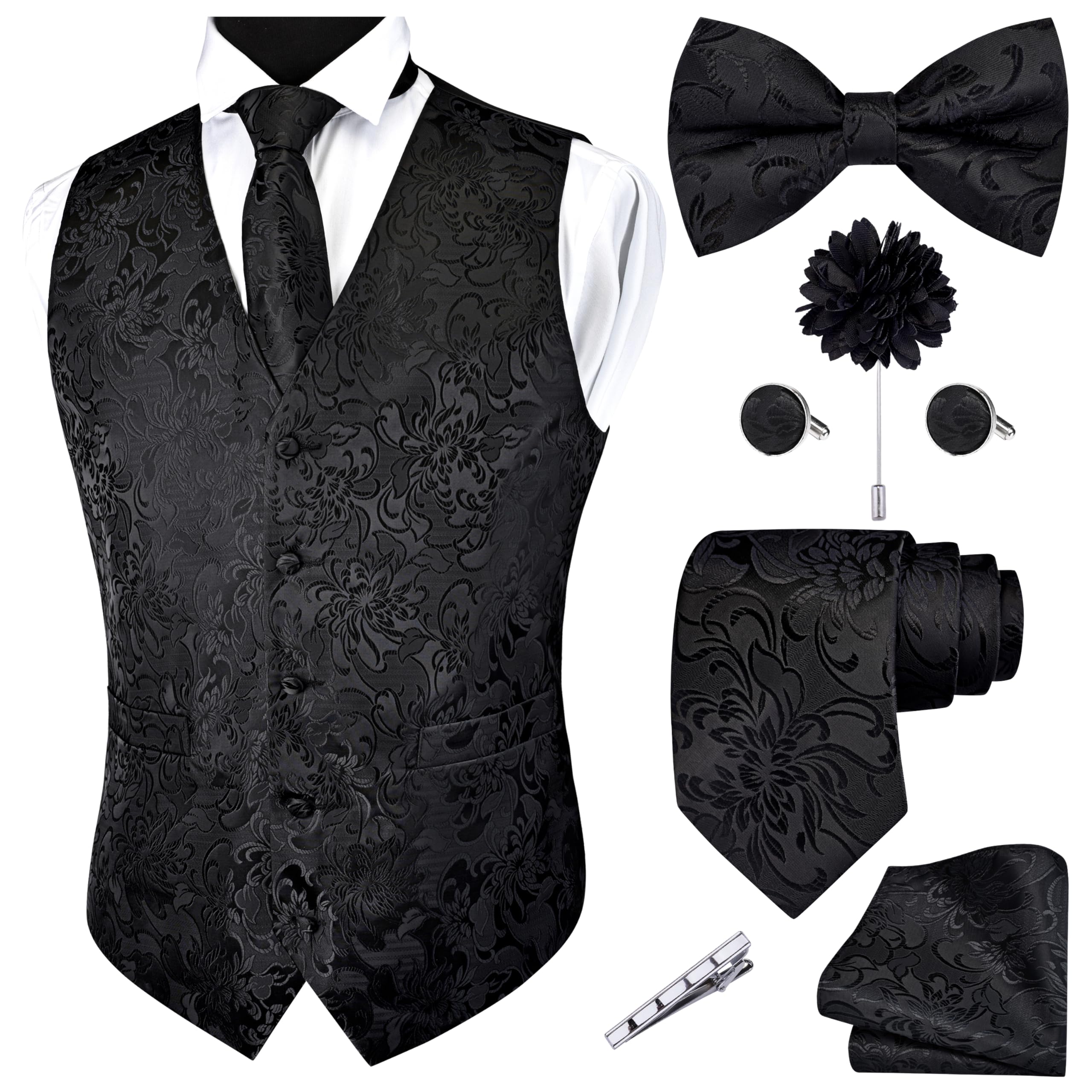 GUSLESON Formal Men Vest Paisley Floral Jacquard Tie Waistcoat Bow tie Hanky Lapel Pin Cufflinks Set Wedding 7PCS