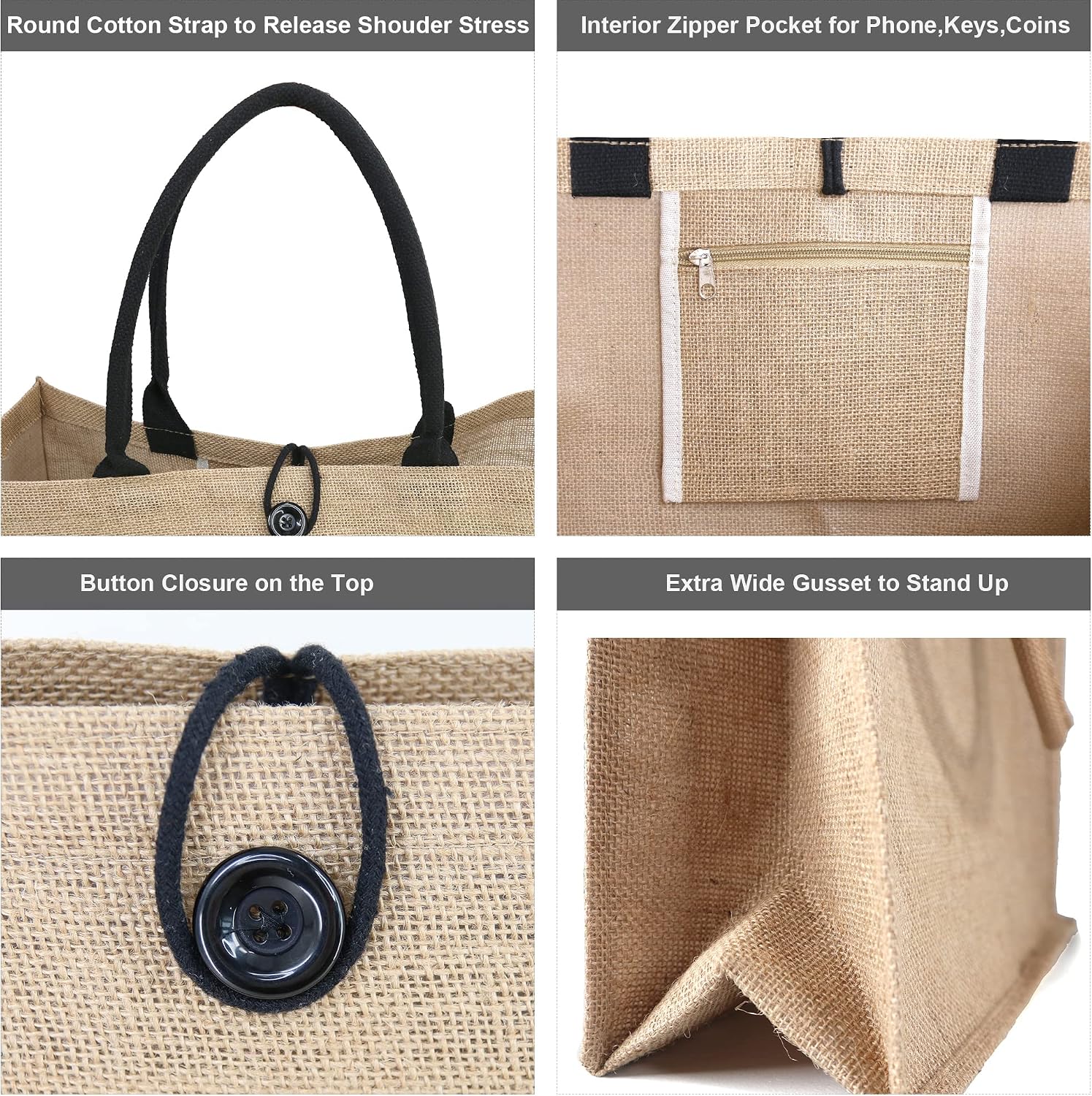 BeeGreen Jute Beach Bag for Women Hello Weekend Vibes Extra Large 20'' x 16'' x 7.25'' Embroidery Burlap Beach Tote Bag Inner Zipper Pocket Personalized Bag Black Canvas Pocket (Without Ribbon)