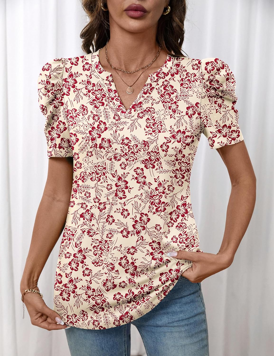 Lomon Spring Summer Tops for Women 2026 V Neck Puff Short Sleeve Tops Fashion Trendy Work Blouses Dressy Casual S-XXL - Image 5