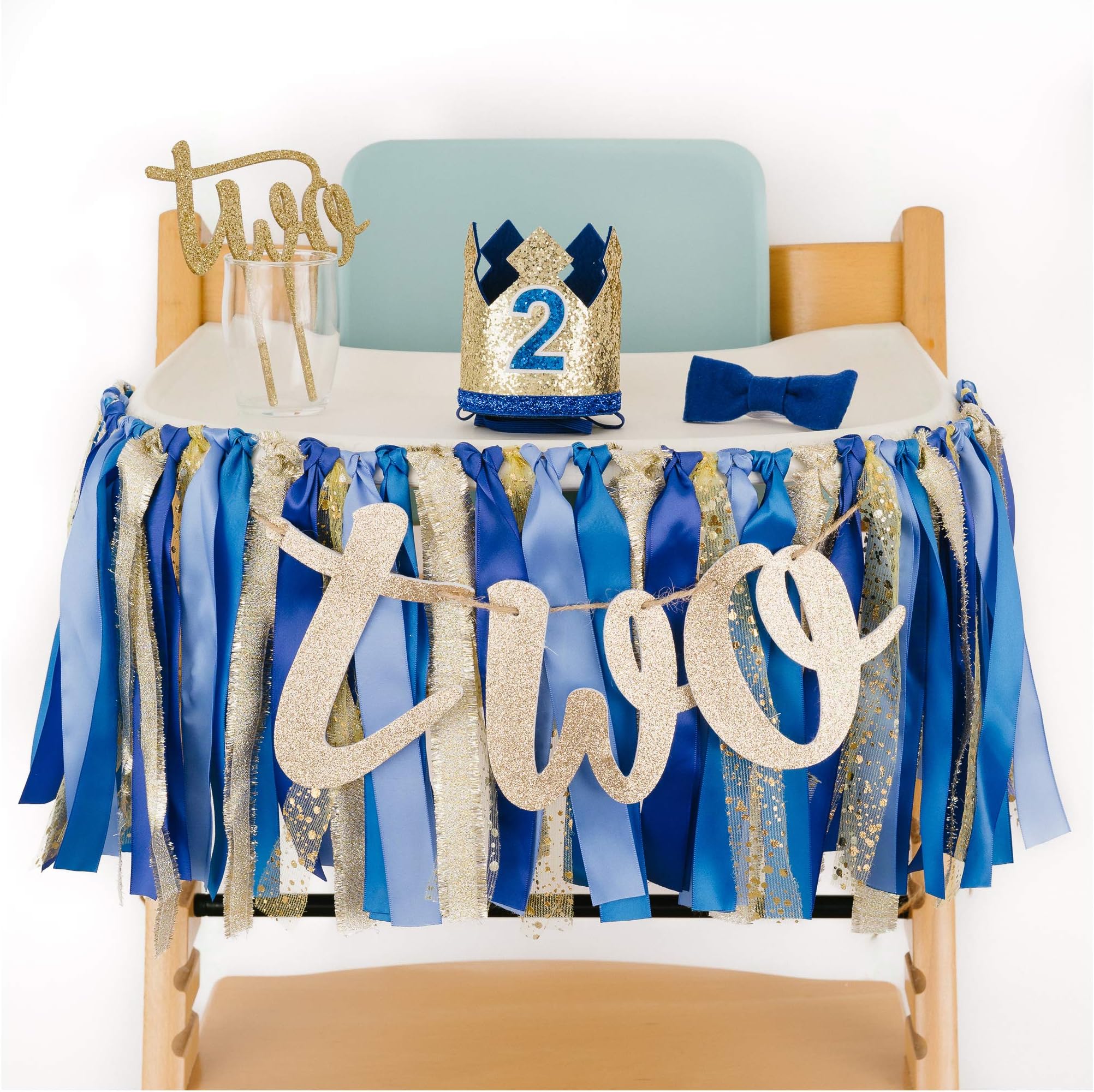 PapaKitBaby Boy Royal Prince 2nd Birthday High Chair Premium Decoration Set (Crown Hat, Bow Tie, Cake Topper, Banner, Garland)