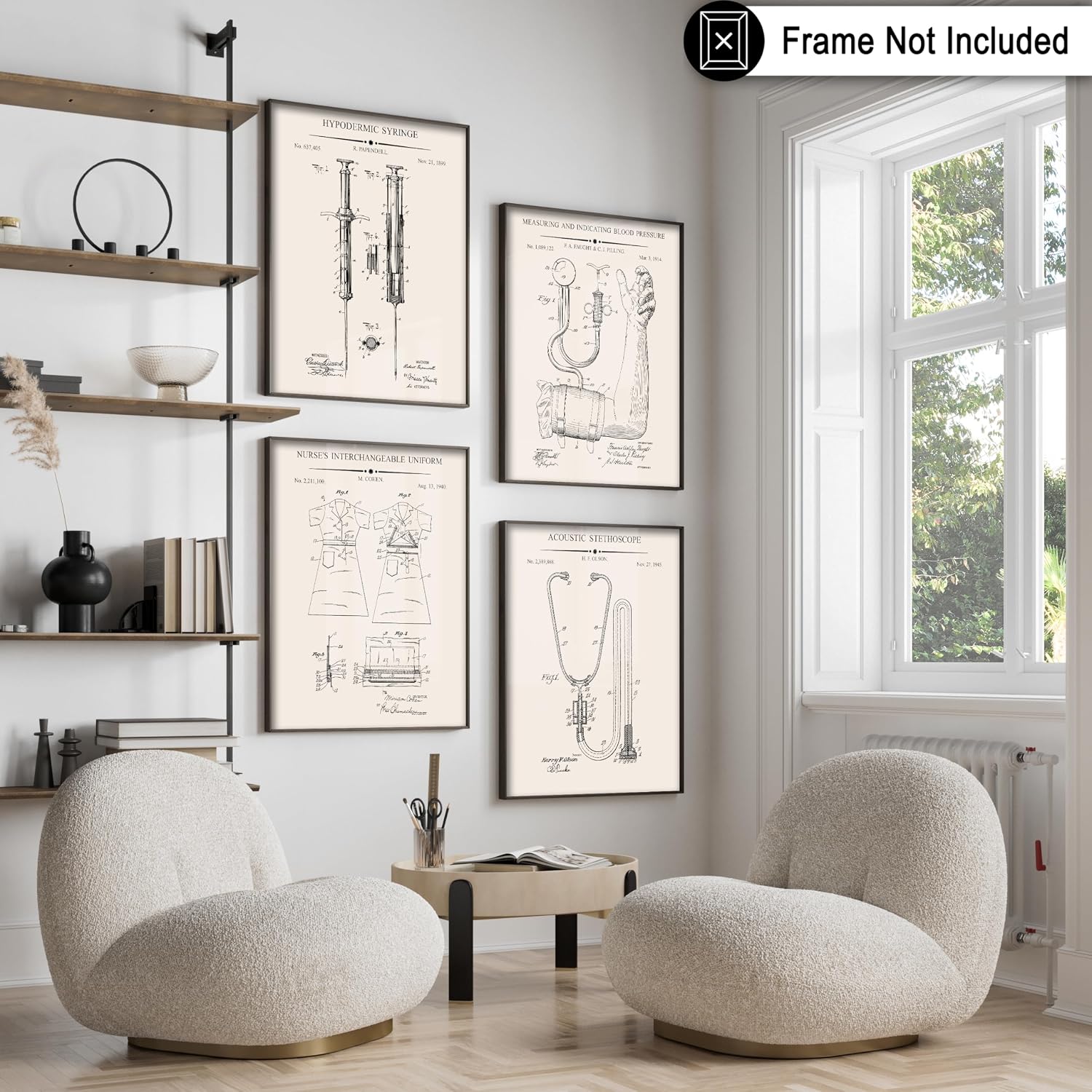 Poster Master 4-Piece Medical Blueprint Poster - Syringe Patent Print - Blood Pressure Apparatus Art - Nurse's Uniform Illustration - Stethoscope Drawing - Clinic Wall Decor - 8x10 UNFRAMED