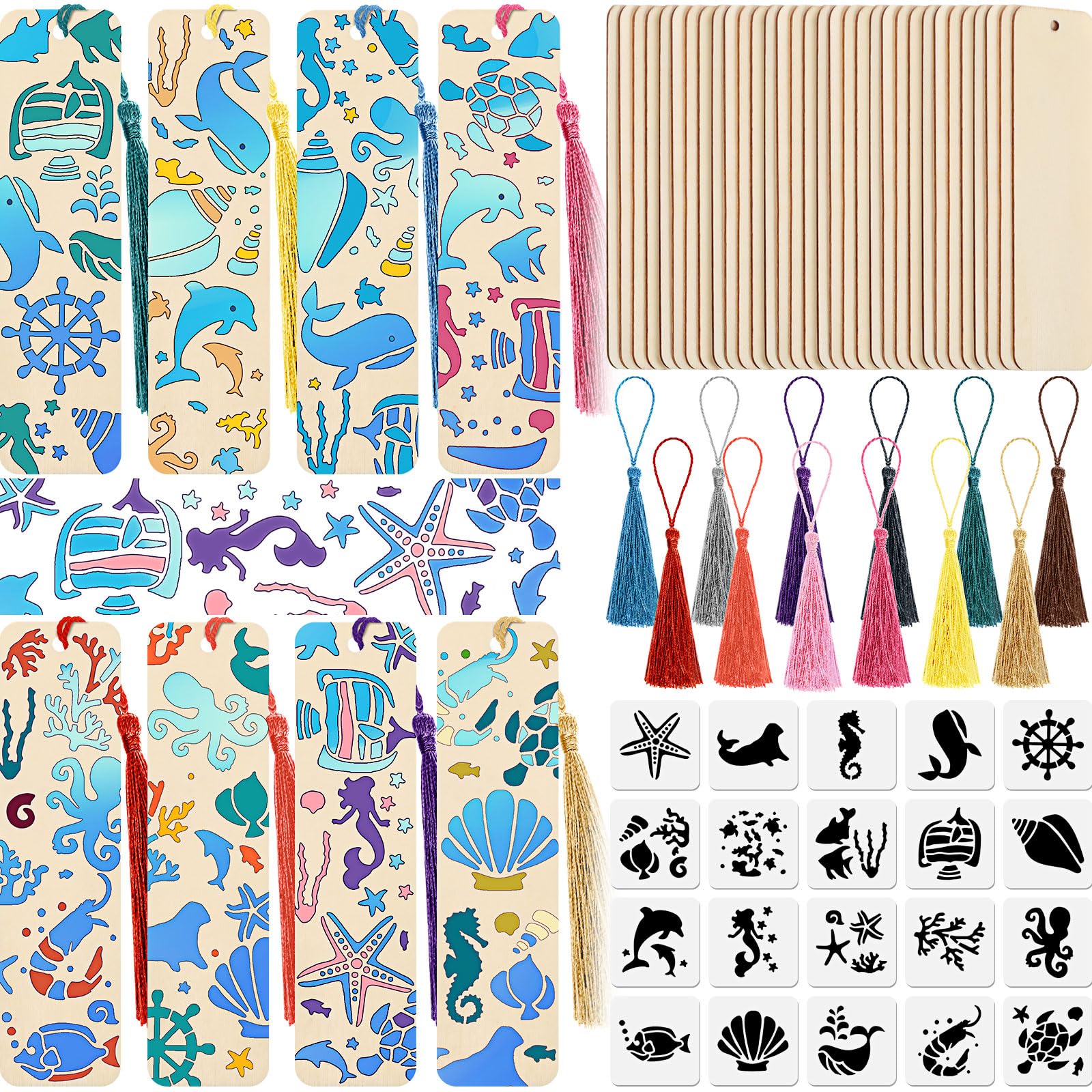 TaoBary 92 Pcs Wood Bookmark Making Kit Includes 36 Unfinished Blank Bookmarks 36 Tassels 20 Templates Craft for DIY Crafts, Painting, Valentine's Day