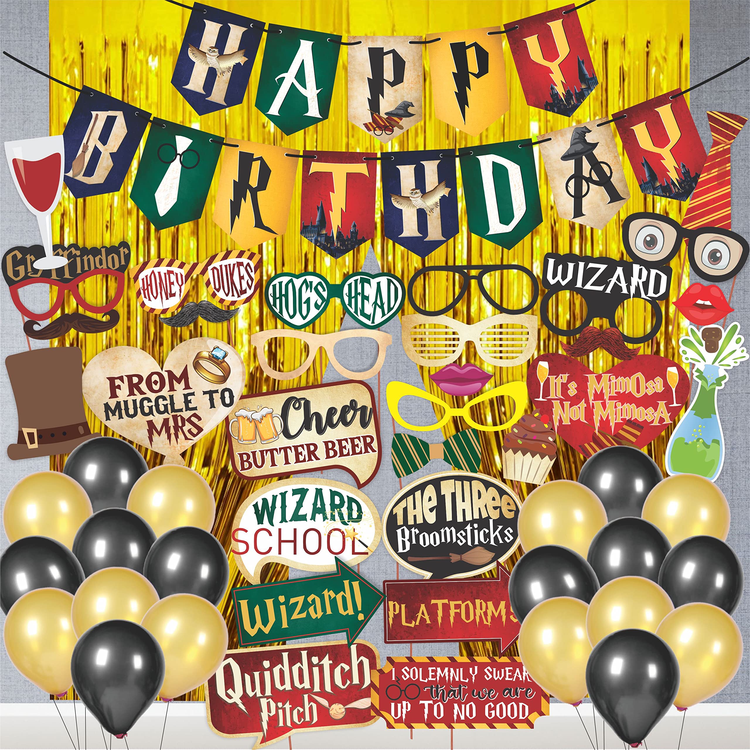WOBBOX Happy Birthday Combo Harry Potter Theme Party Props 29 Pcs with Colourful Harry Potter Theme Bunting Banner & Balloons & Foil Curtain, Birthday Decoration Item-image-2