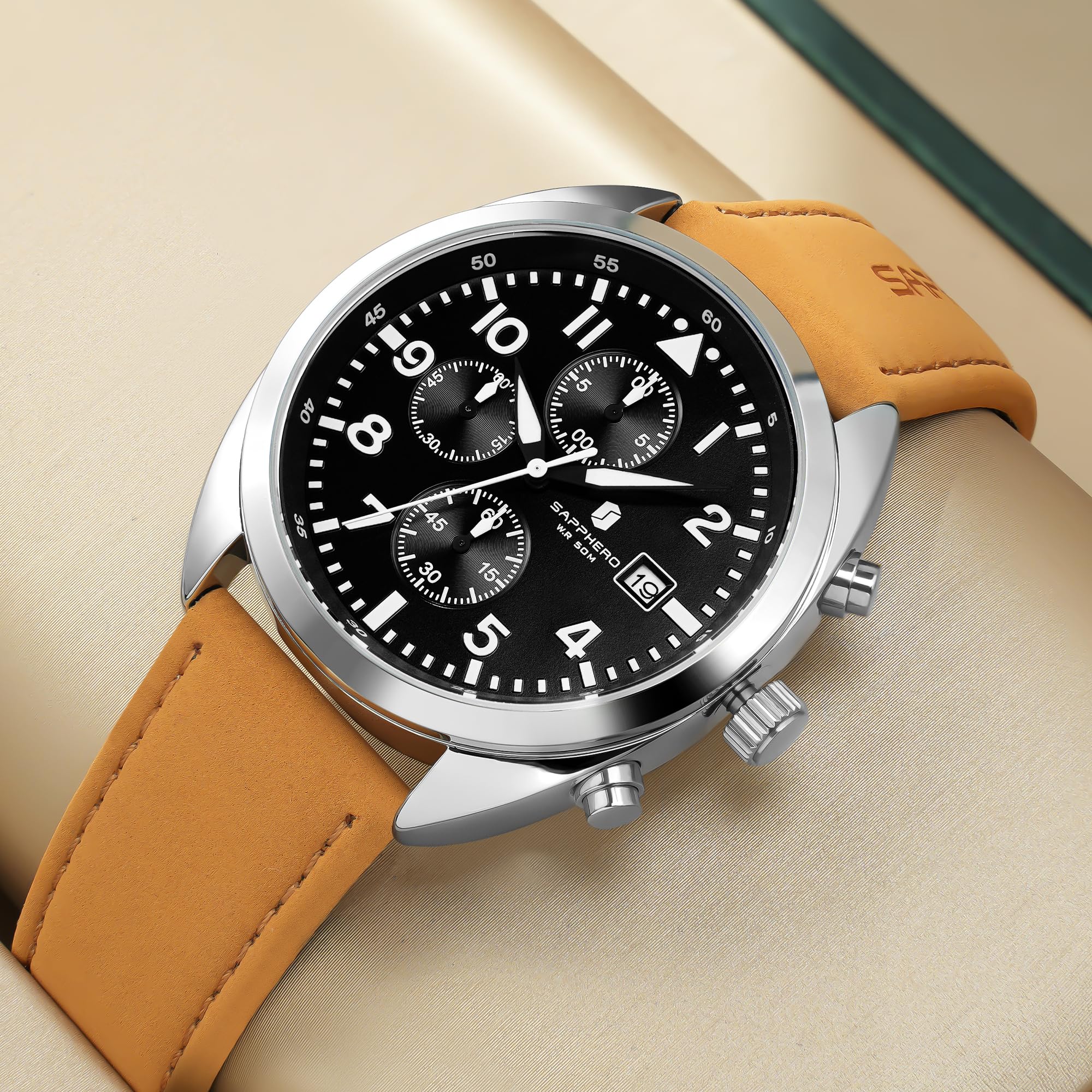 SAPPHERO Orologio da uomo orologio al quarzo analogico con cinturino in pelle, classico orologio da uomo business, quadrante con numeri arabi, facile da leggere | Impermeabile fino a 30 m, design con data, sportivo, casual, business, elegante, regalo per