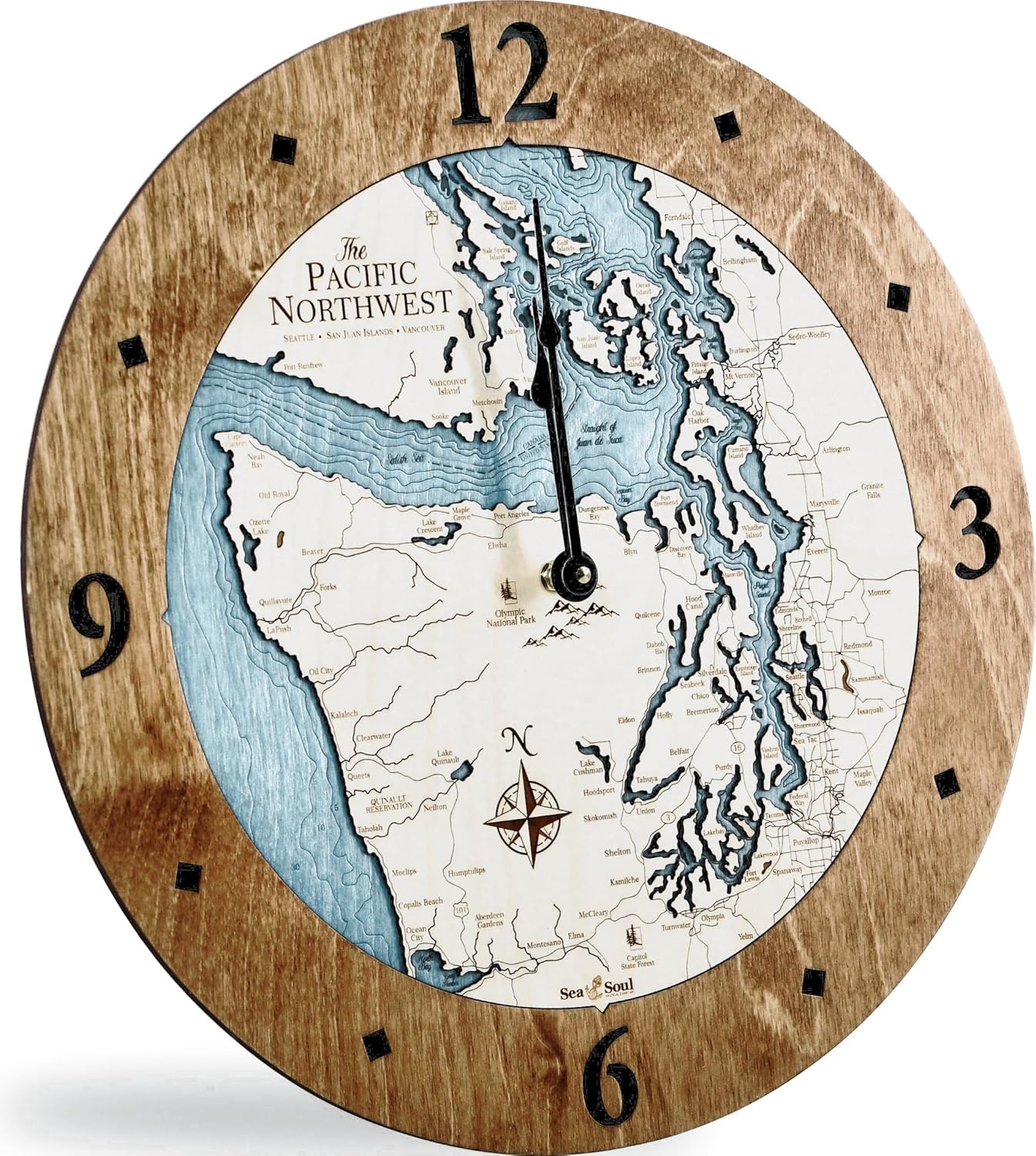 Sea & Soul Pacific Northwest Large Wall Clock, Puget Sound 3D Wood Chart Nautical Clock, Salish Sea Carved Water Depth Map Clock, Unique Kitchen Wall Clock (Driftwood & Deep Blue, 36-inch)