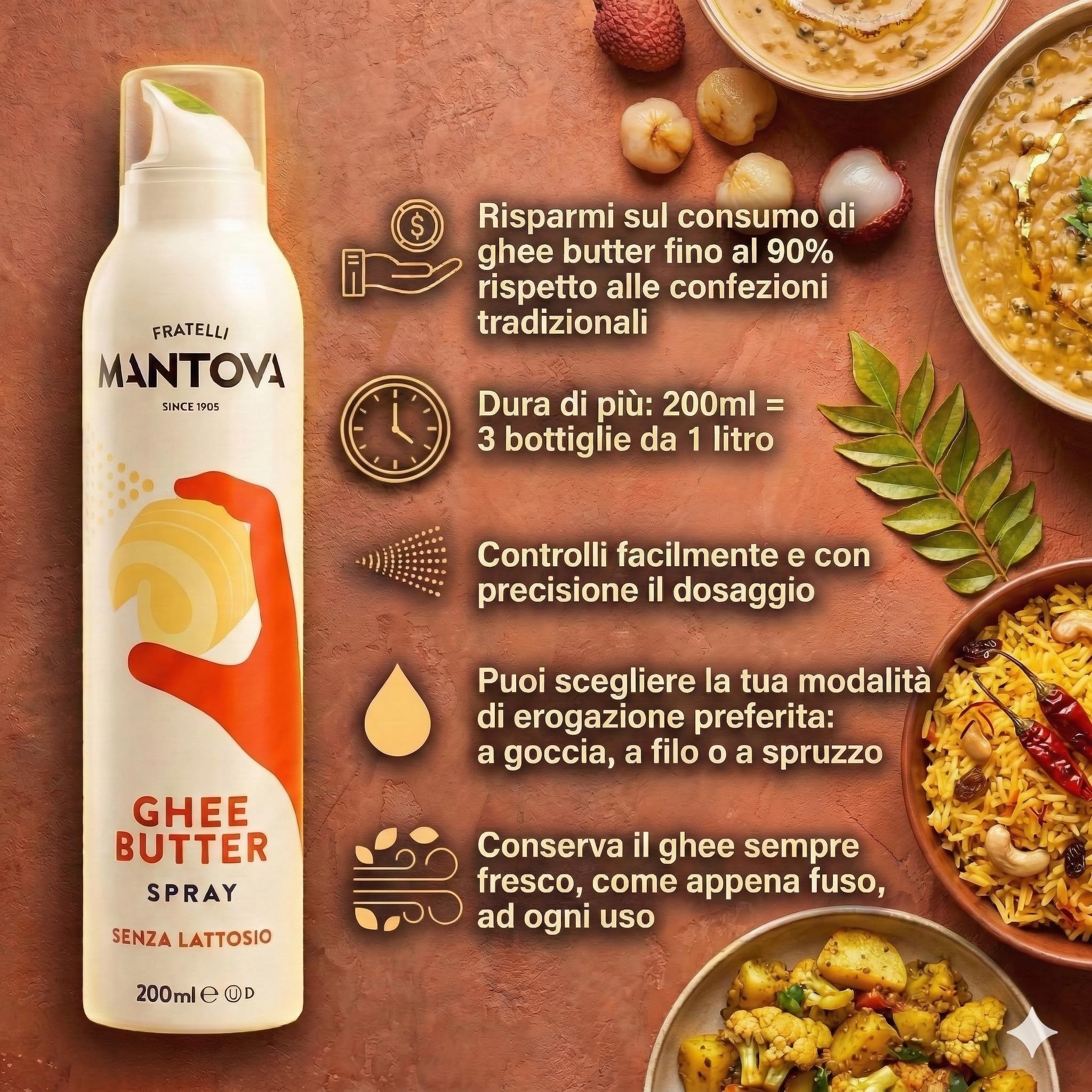 Mantova Ghee Butter Spray Family Pack 6x200 ml – 100% Naturale, Leggero e Facile – Risparmio fino al 90% – Spray e Nebulizzatore, per Cucina, Forno, Padella – Idea Regalo