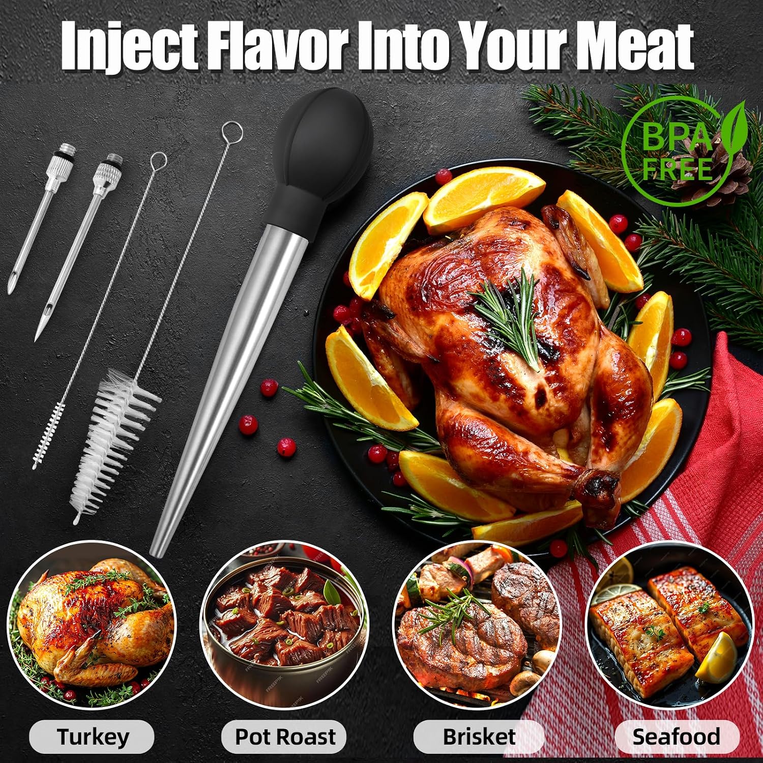 OLESBUR Stainless Steel Turkey Baster for Cooking & Kitchen - Baster Syringe for Hot Liquid - Food Grade Baster - Large Size with 2 Needles & 2 Cleaning Brushes - Thanksgiving Christmas Essential Tool