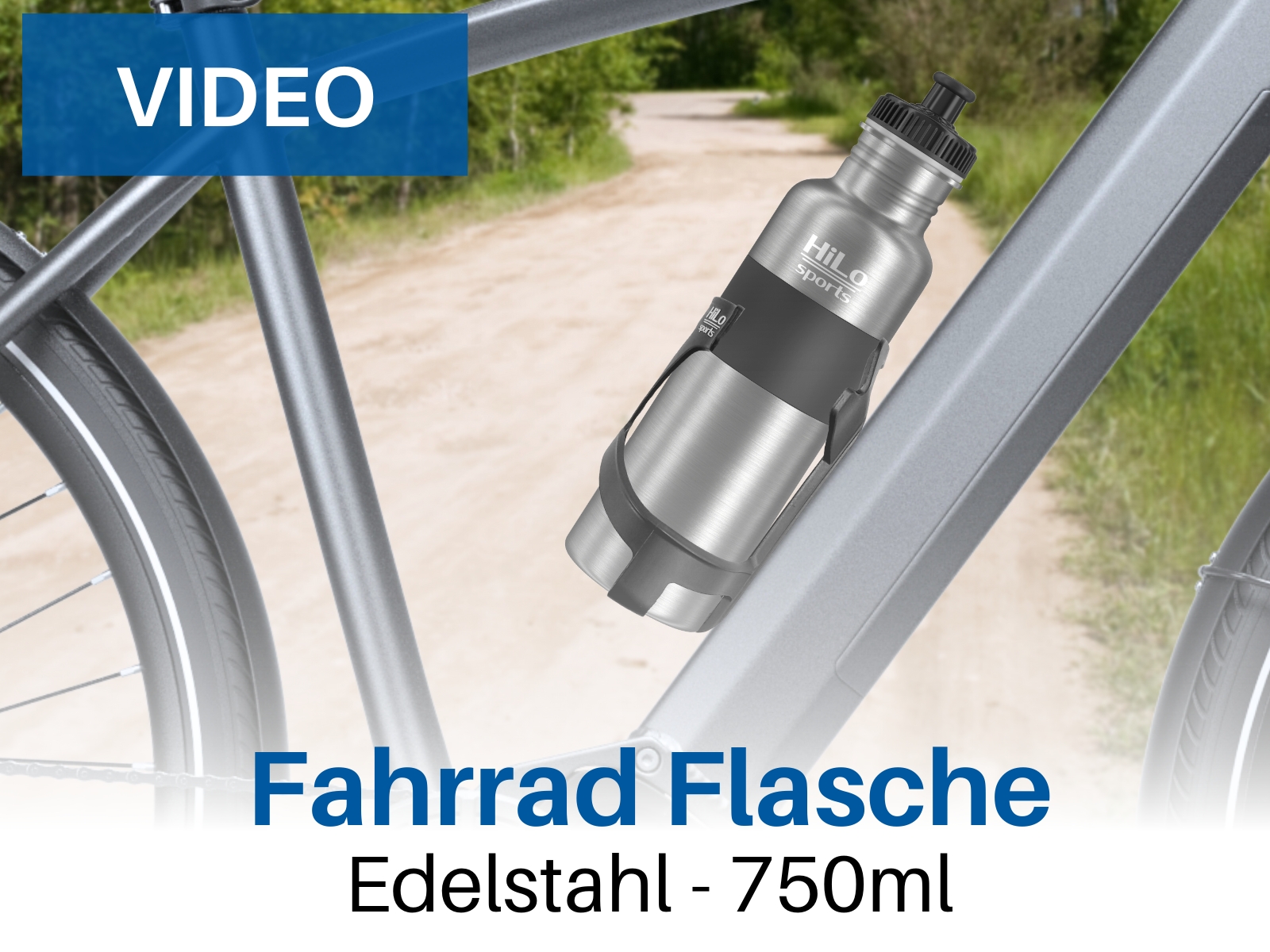 HiLo sports Trinkflasche Fahrrad Edelstahl 750ml - [Ohne Isolierung] - Mit 2 Verschlüssen - Auslaufsichere Fahrrad Trinkflasche