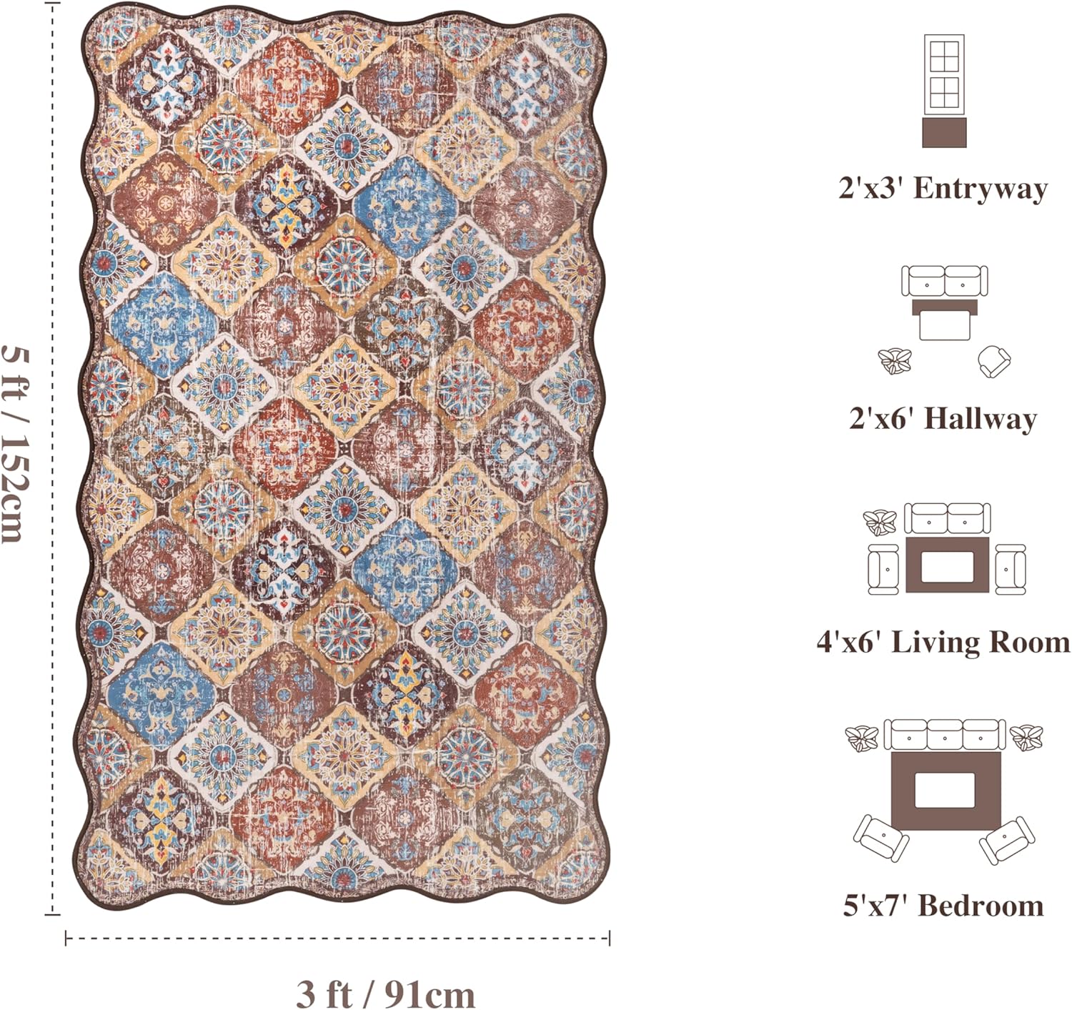 3x5 Moroccan Area Rug, Unique Scalloped Ultra-Thin Soft Washable Rug, Non-Slip Stain Resistant Lightweight Low-Pile Carpet for Living Room Bedroom Dining Room Office (Caramel)
