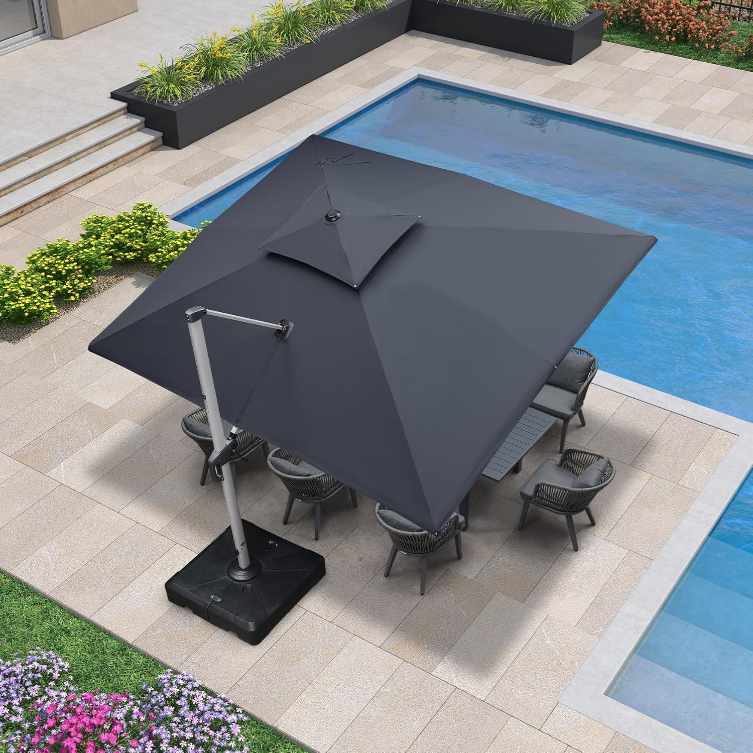 PURPLE LEAF 10 X 12 FT Cantilever Patio Umbrellas with Base Included, Large Square Offset Umbrella with 360° Rotation, Outdoor Aluminum Pool Umbrella for Pool Lawn Garden, Grey