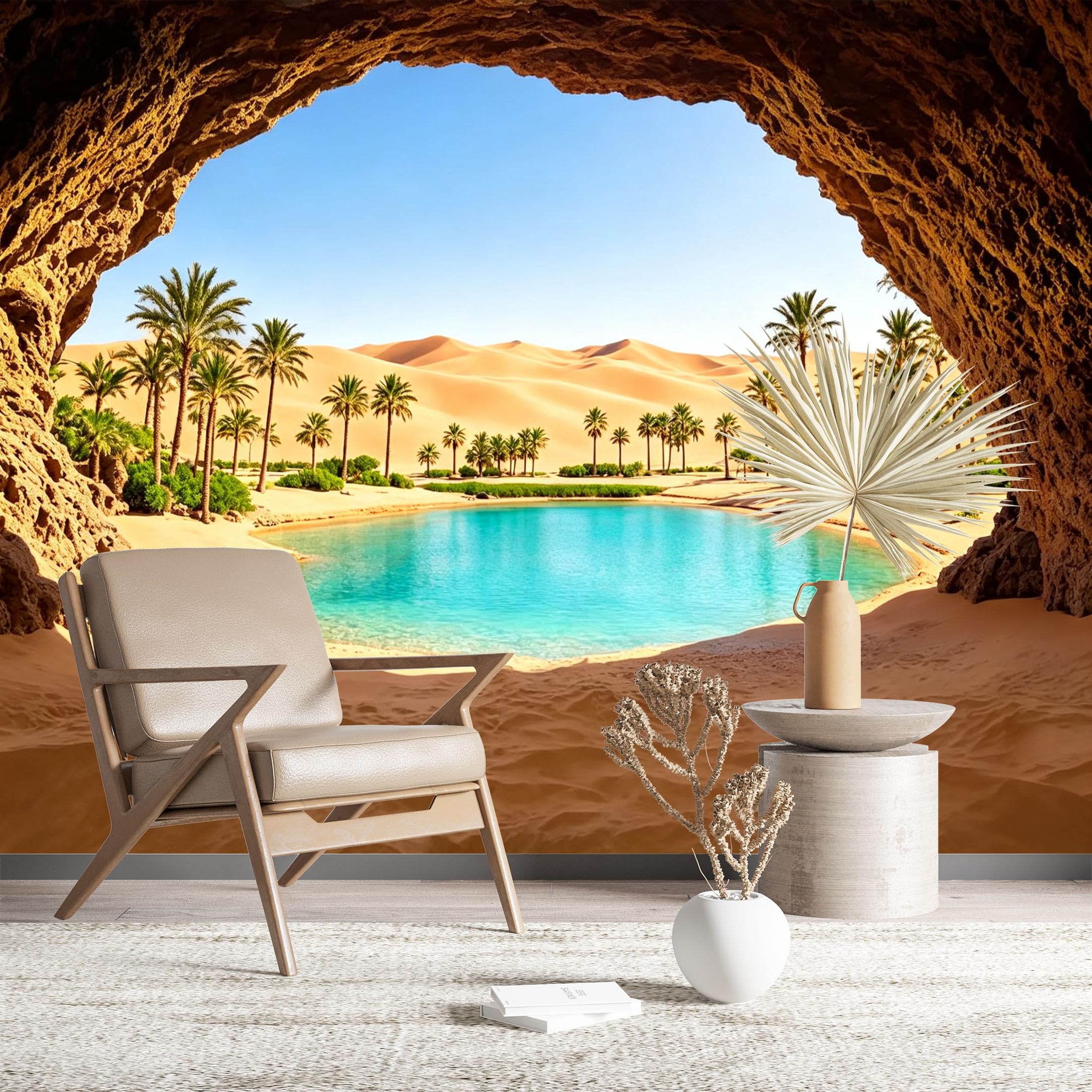 Custom Size Wall Murals Desert Oasis Seen Through Cave Opening Realistic Self-Adhesive Wall Fabric (NO PVC) Removable Wallpaper for Living Room Bedroom