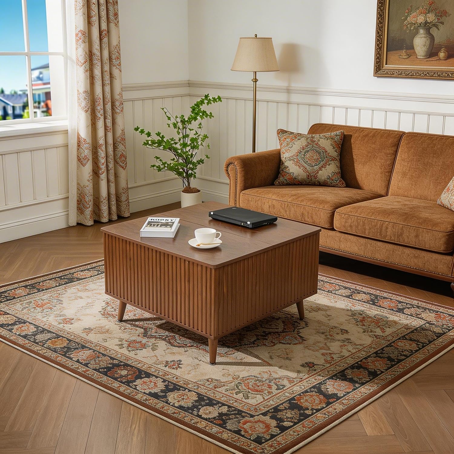 Lift Top Coffee Table with Storage, Square Coffee Tables with Lifting Top and Hidden Compartment, Mid Century Modern Fluted Center Table for Living Room, Home Office, Studio, Walnut