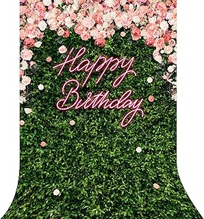 Riyidecor Flower Wall Happy Birthday Backdrop Neon Green Leaves Pink Rose Floral Blossom Botanical Plant Nature 5W*7H Feet Women Girls Photography Background Bday Party Photo Studio Shoot Fabric - Buy now