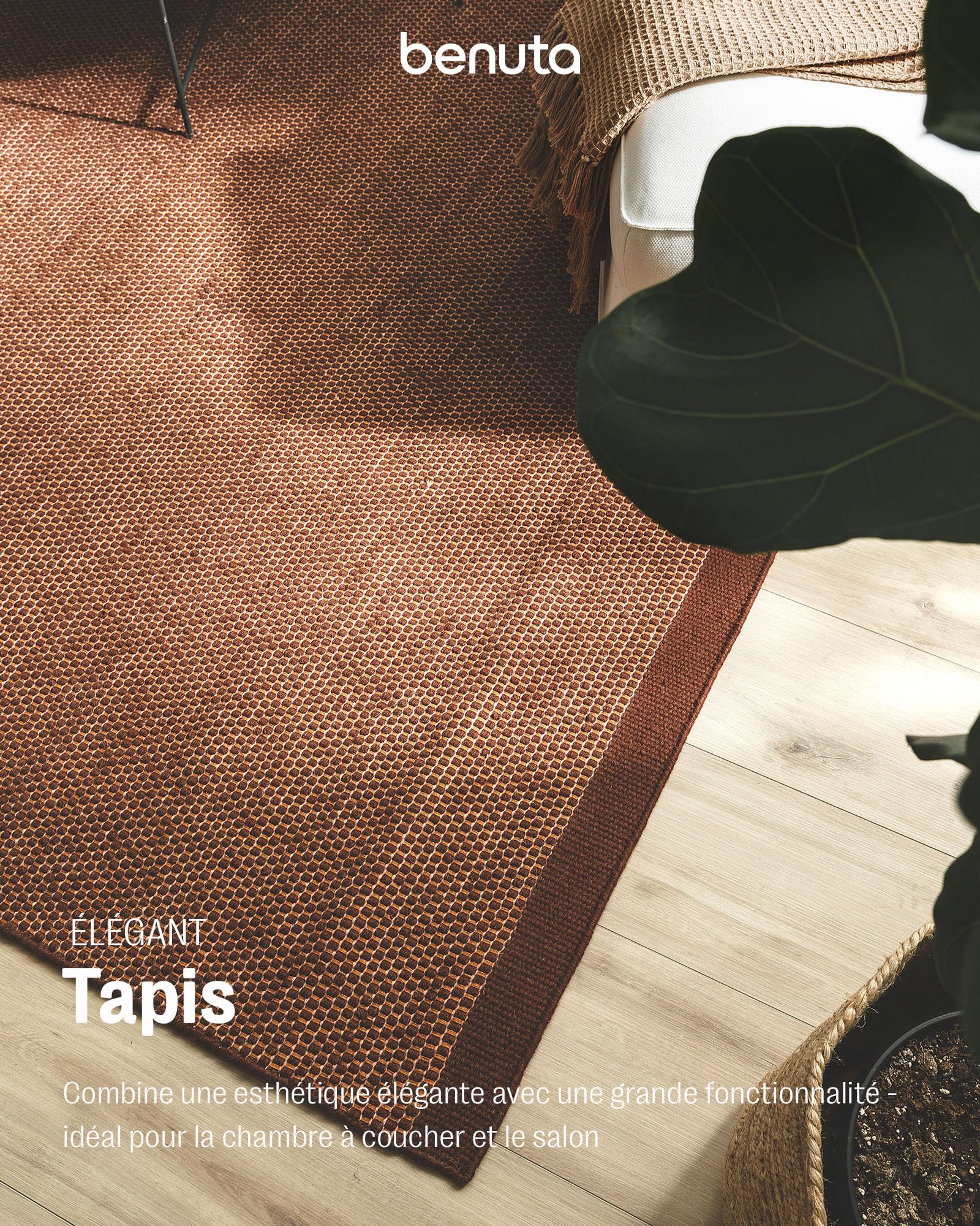 Benuta Tapis en laine pure Rocco - Marron 170x240 cm - Tissé à la main - Style: laine, uni, bohème, hygge, cozy, minimaliste - Entretien facile