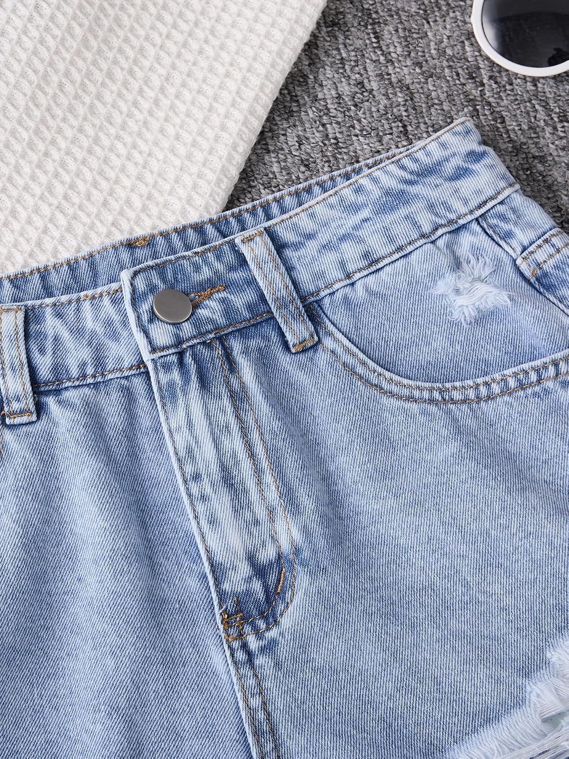Girls Ripped Jean Shorts Teen Summer Casual Distressed Raw Hem Trendy Denim Shorts
