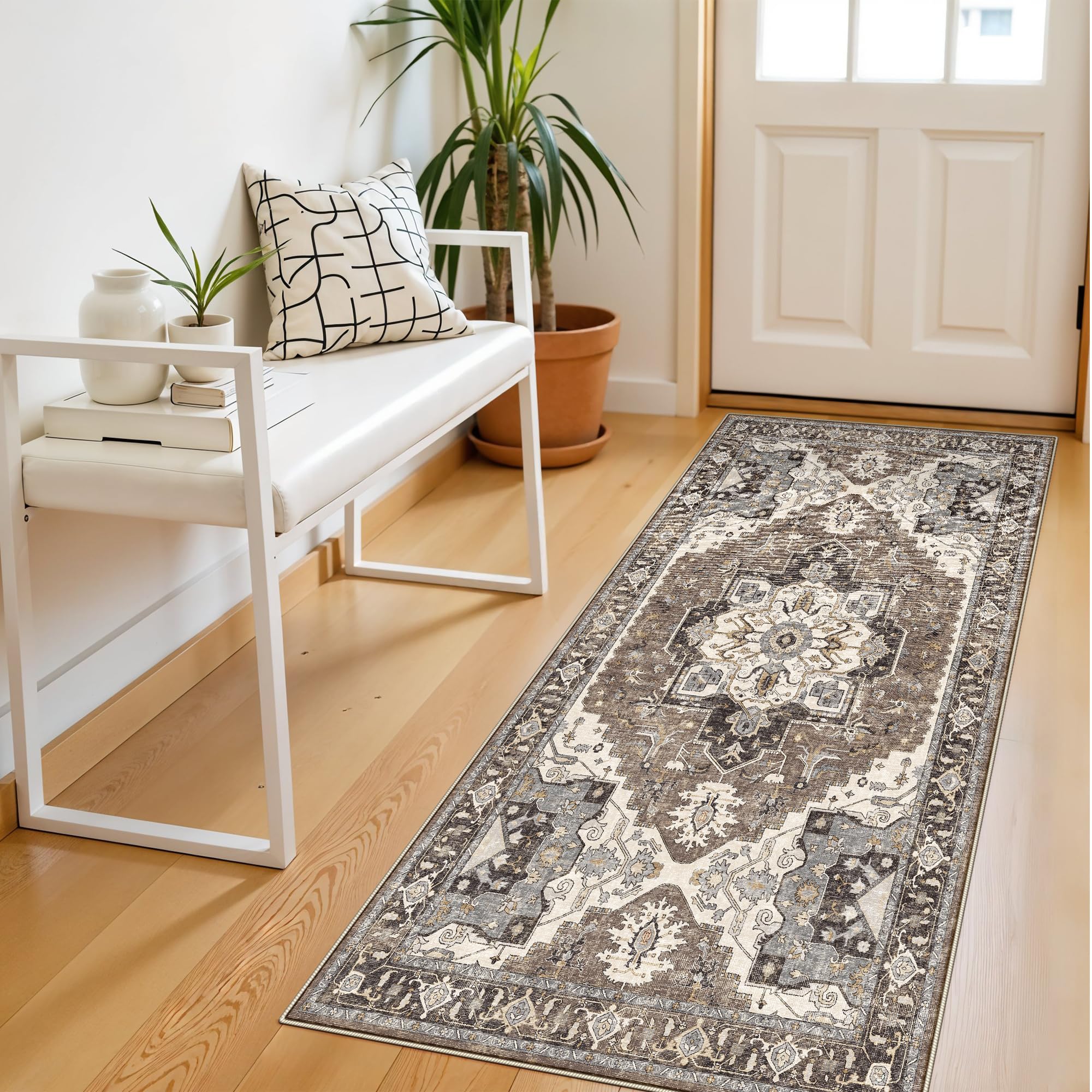 Washable 2x4 Abstract Kitchen Rug: Neutral Easy-Clean Soft Cozy Carpet Non-Slip Water-Resistant Floor Mat For Entryway Bedroom Bathroom Perfect For High-Traffic Areas With Pets(Beige/Ivory,2x4