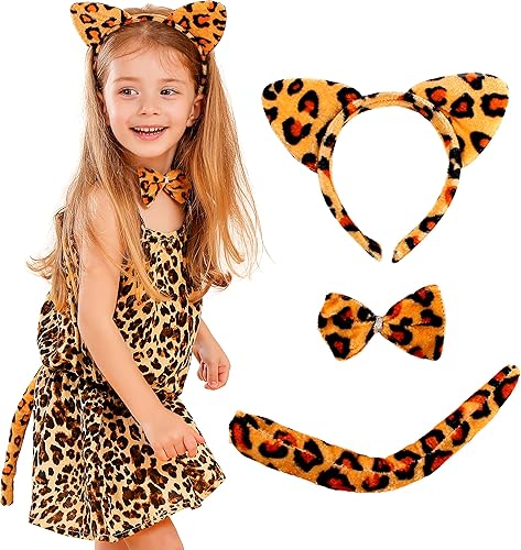 JeVenis Disfraz de jirafa para niños, disfraz de leopardo, disfraz de tigre, disfraz de cebra, orejas y cola, suministros para fiesta de selva,