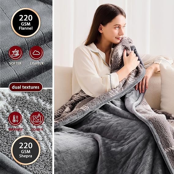 JKMAX Heated Electric Blanket Full Size - 72x84 Flannel Heating Blanket with 10 Heating Levels & 5 Time Settings Over-Heat Protection, Winter Warmer for Adults with ETL Certification(Grey)