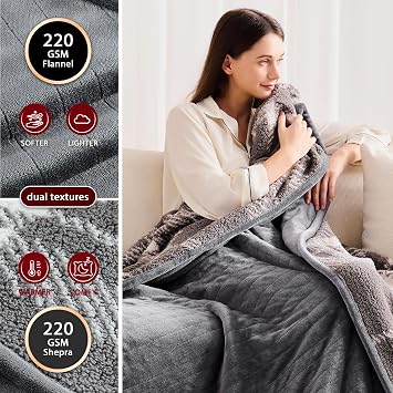 JKMAX Heated Electric Blanket Full Size - 72x84 Flannel Heating Blanket with 10 Heating Levels & 5 Time Settings Over-Heat Protection, Winter Warmer for Adults with ETL Certification(Grey)