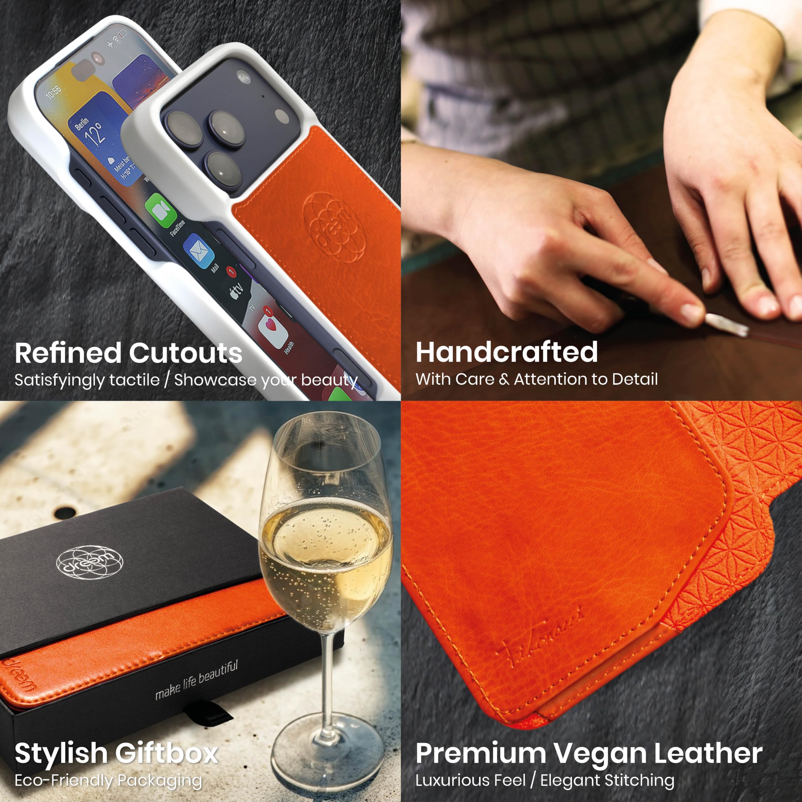 dreem Funda Cartera para iPhone 17 Pro MAX, Soporte revolucionario, Piel Vegana, Compatible con MagSafe, Tapa magnética removible, Bloqueo RFID, Caja de Regalo [Fibonacci:Orange]