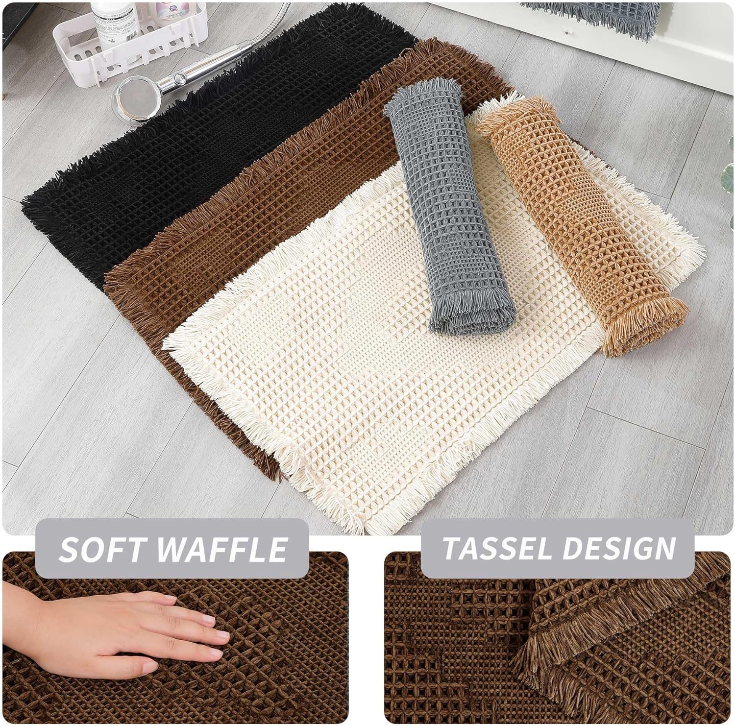 LUFEIJIASHI Non Slip Bath Mats for Bathroom Soft Absorbent Boho Bathroom Rugs with Tassels Waffle Bath Mat Machine Washable Dark Brown, 1'6" x 2'6" - Image 6