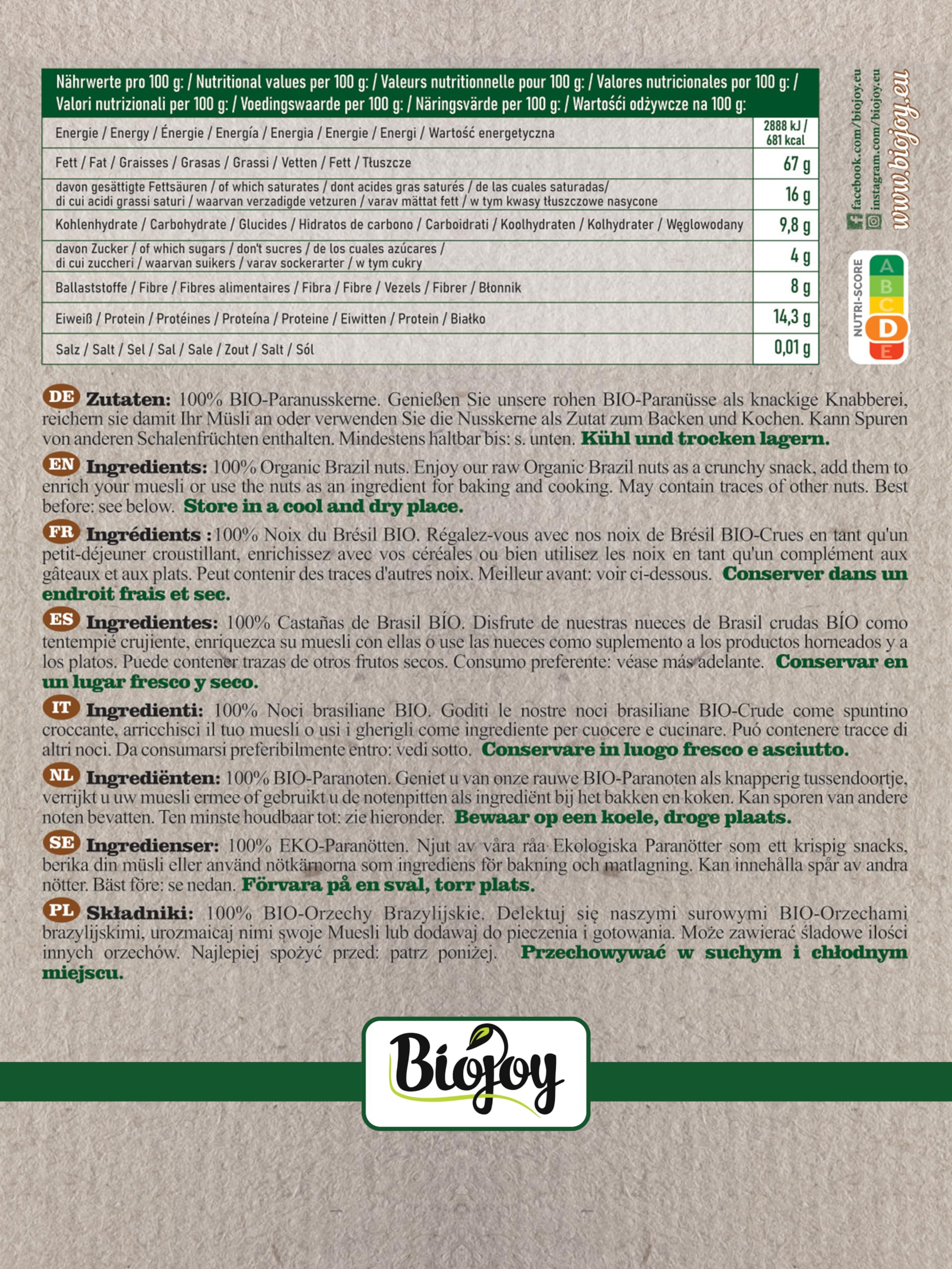 Biojoy Nueces de Brasil peladas Ecológicas (1 kg), crudas y sin sal