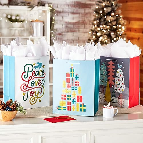 Miniatura 2 de Hallmark Paquete surtido de bolsas de regalo de Navidad (3 bolsas extra grande de 17 pulgadas, 3 diseños únicos) árboles, regalos, paz, amor,
