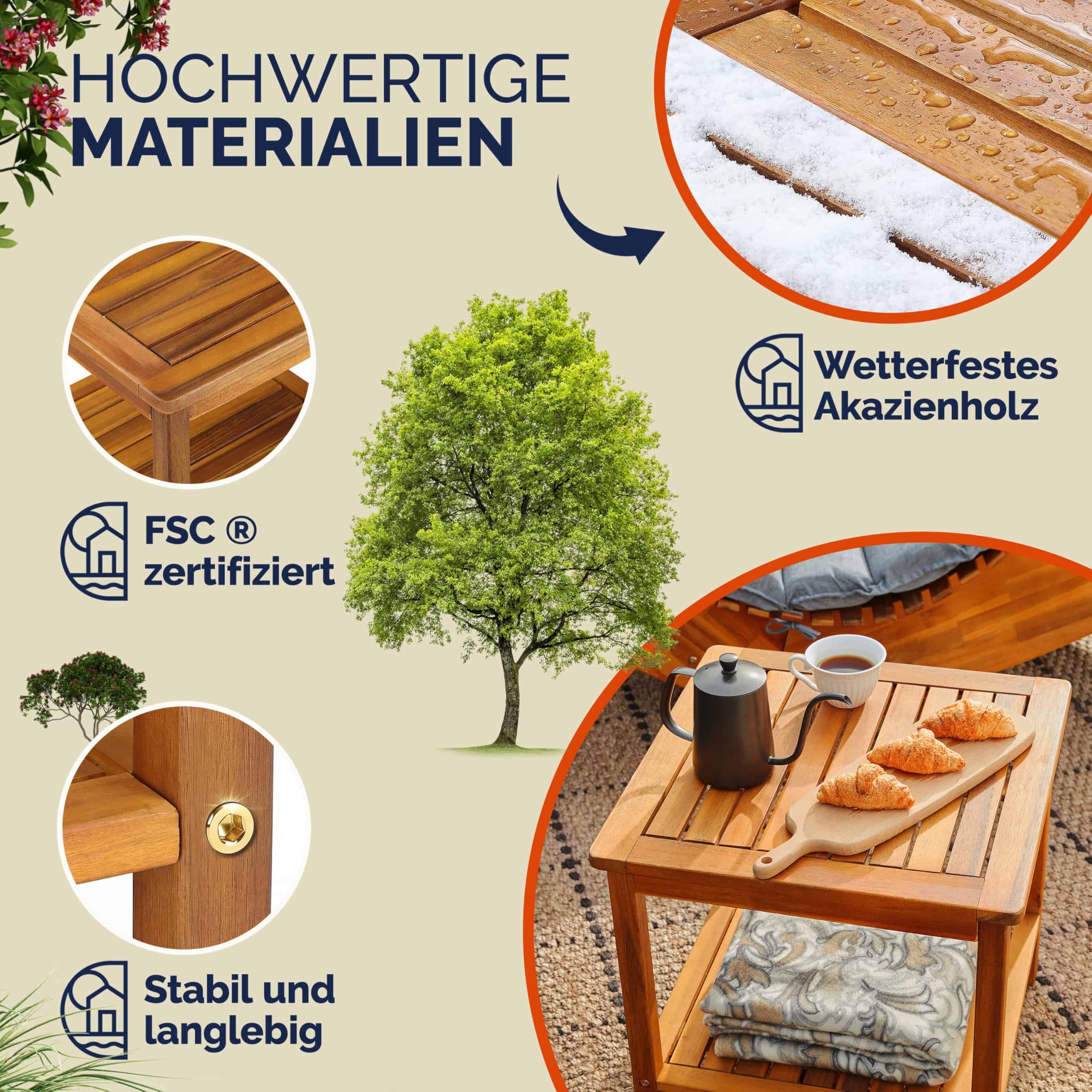 Casaria® Gartentisch Wetterfest Holz 2 Ablageflächen FSC®-Zertifiziert 80kg Belastbarkeit 45x45cm Balkon Garten Tisch Beistelltisch Gartenmöbel Akazie