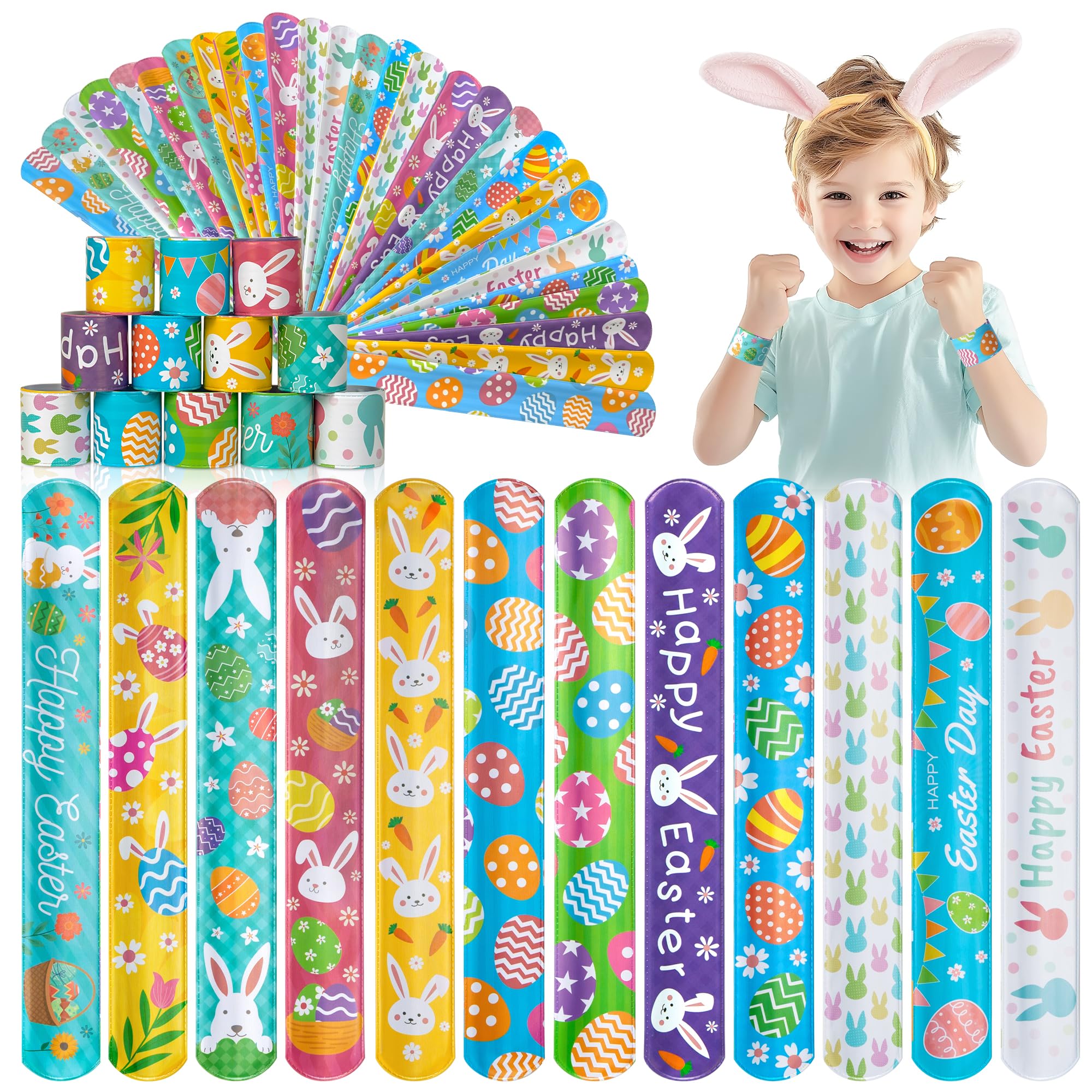 Childom 36 Pcs Easter Slap Bracelet,Easter Decorations Bracelet Decorations Gifts,Bunny Bracelets Present for Holiday Goodie Bag Stuffers,Bracelets