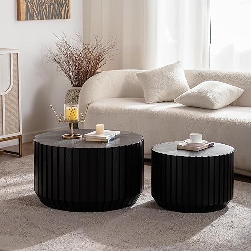Miniatura 9 de kevinplus Juego de 2 mesas de centro redondas negras de 55.12 pulgadas, mesa lateral moderna para sala de estar, diseño contemporáneo de círculo de