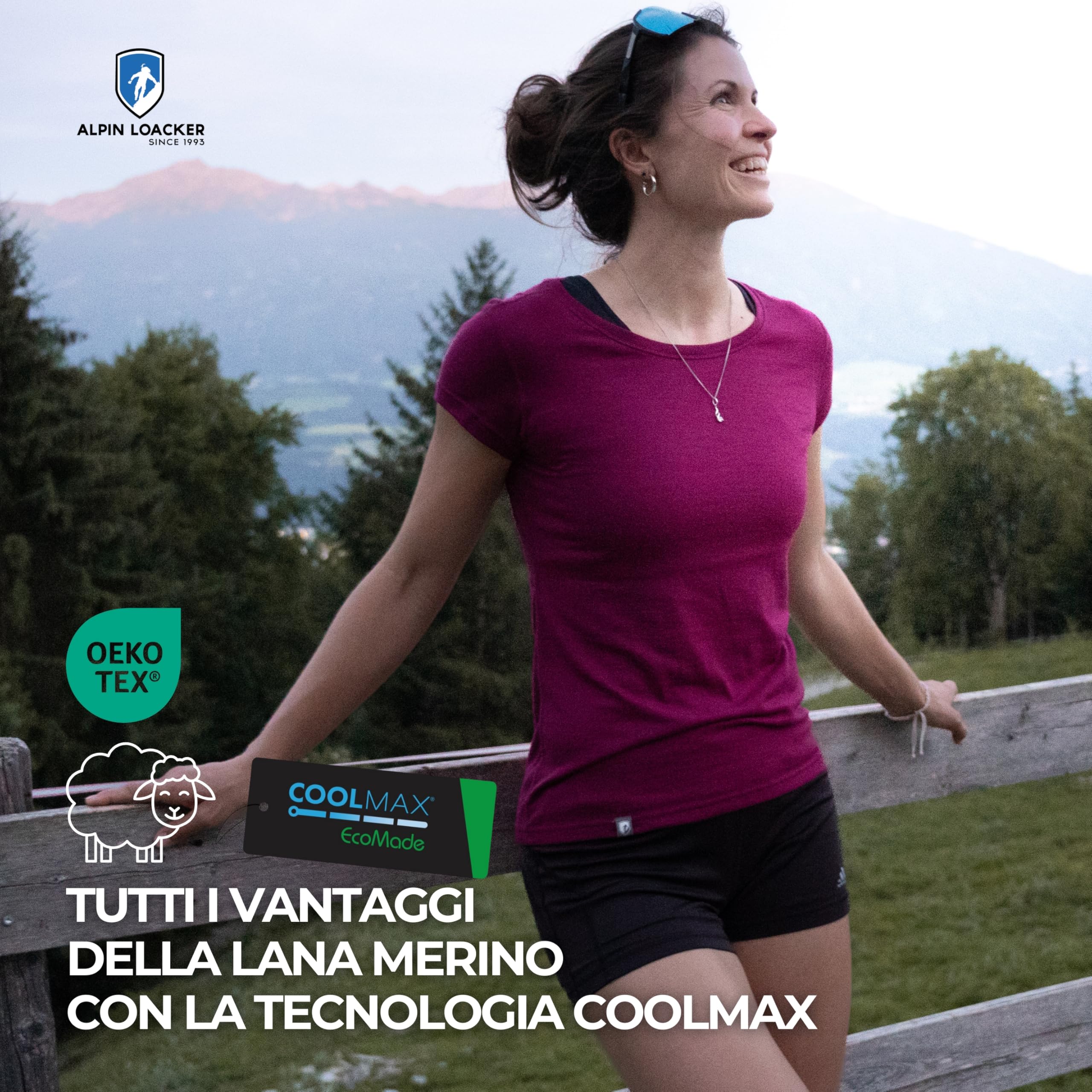 ALPIN LOACKER Coolmax - Maglietta da Donna in Lana Merino a Maniche Corte, 150 g/m2, Traspirante, ad Asciugatura Rapida e Fresca, Maglietta Termica in Lana Merino