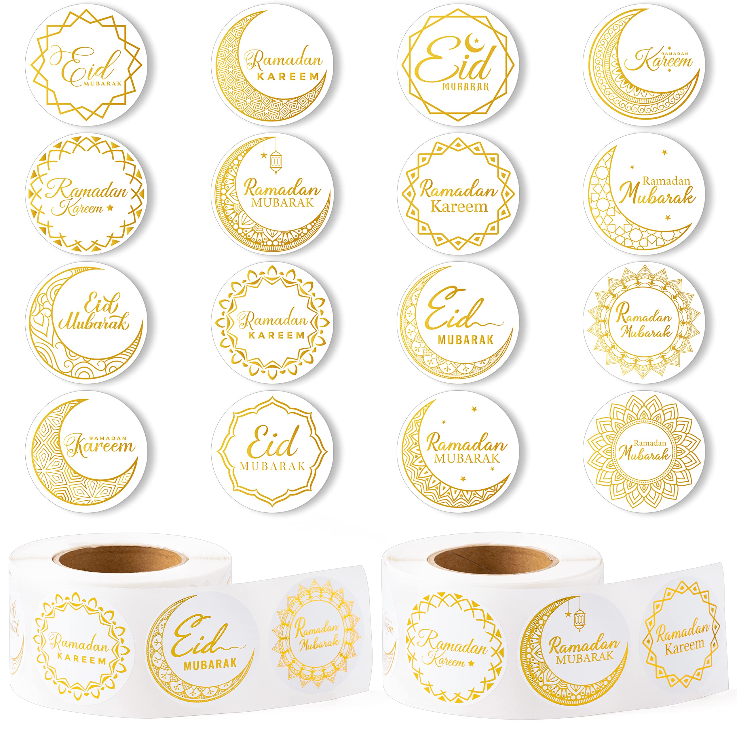 1000pcs Gold Ramada Theme Sticker Rolls(2 Rolls), 1.5 Inch 16 Designs Ramada Eid Al Fitr Gold Moon Pattern Gift Tag Self-Adhesive Round Ramada Decorative Decal for Ramada Party Supplies