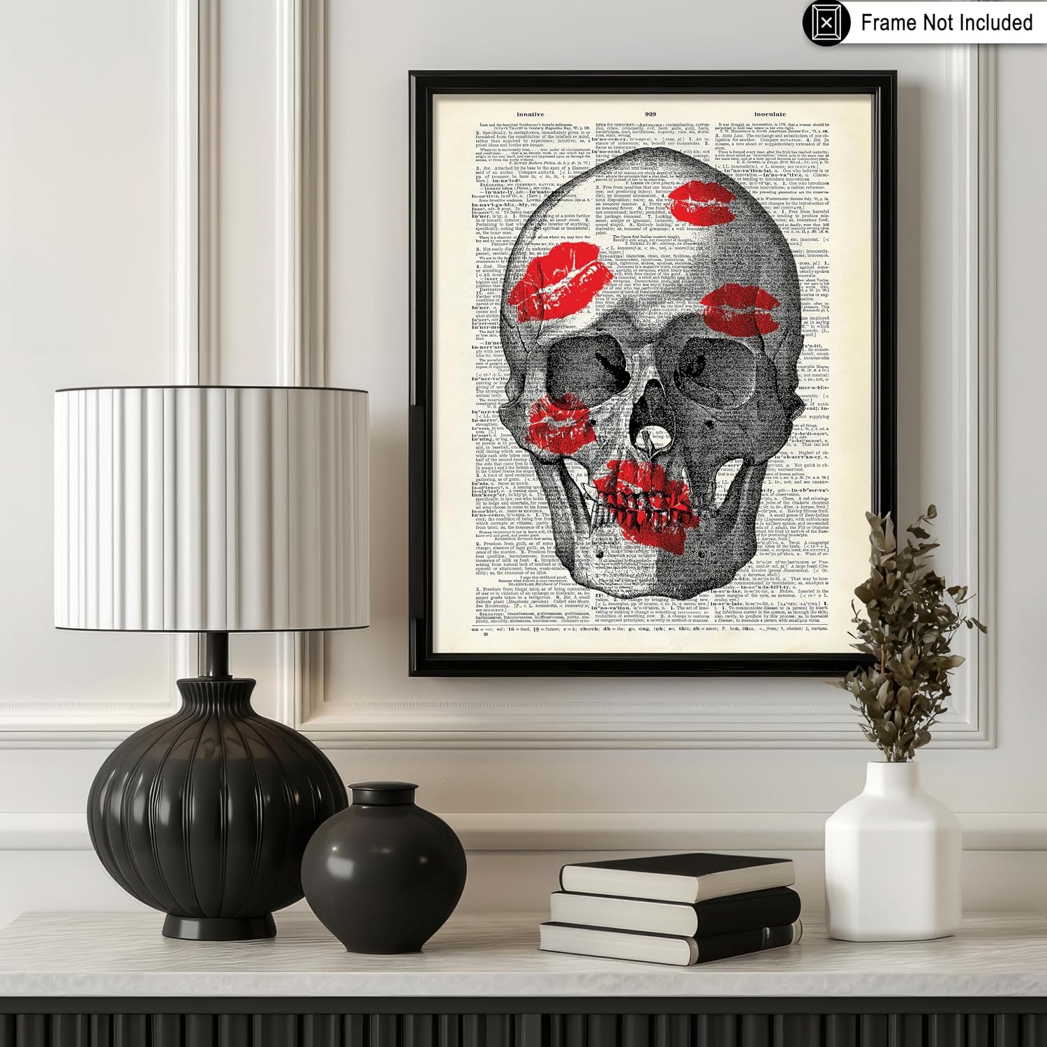 Poster Master Dictionary Art Poster - Kiss Marks on Skull Print - Love Art - Valentine's Gift for Him, Men, Boyfriend, Husband - Romantic Goth Decor for Bedroom, Living Room - 8x10 UNFRAMED Wall Art