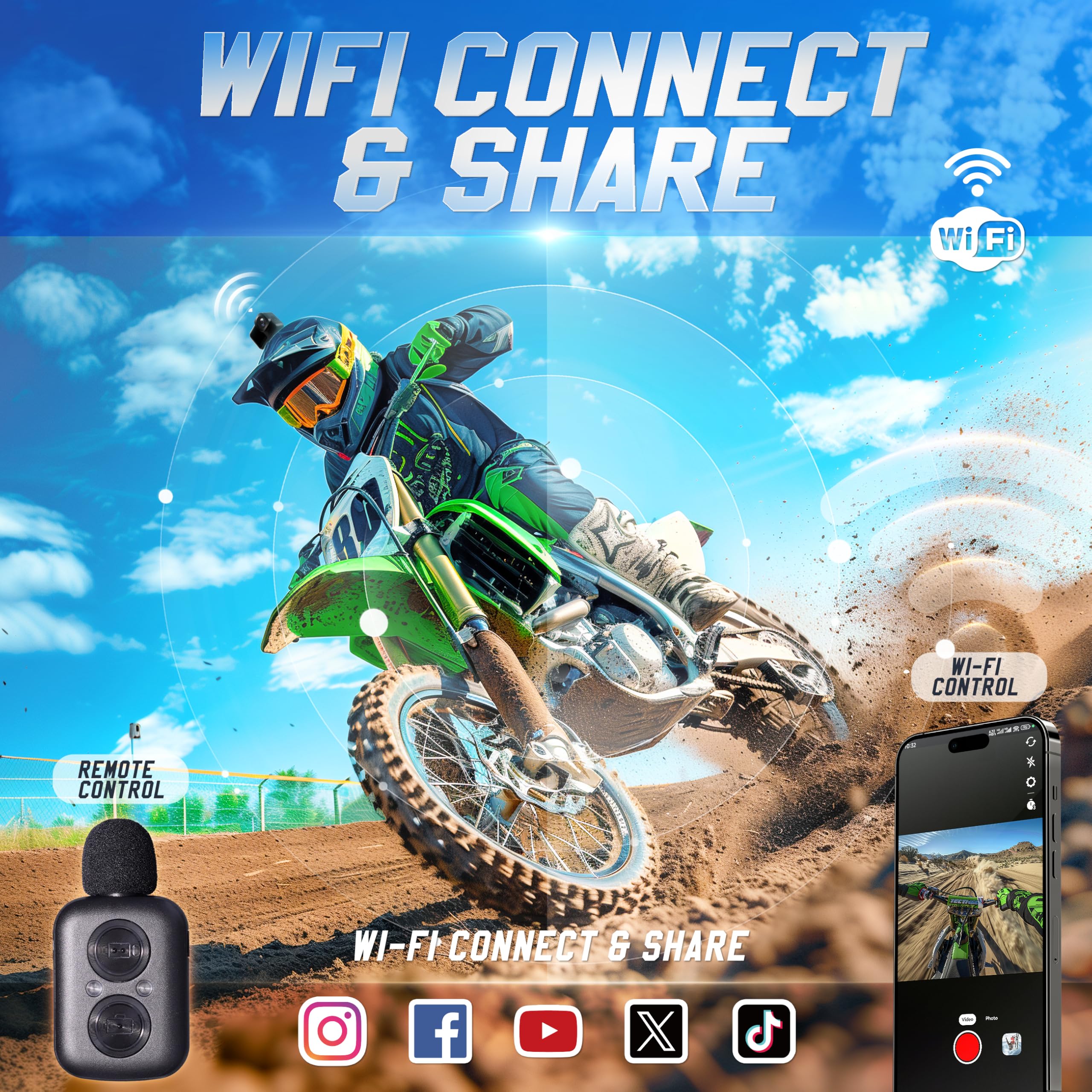 Cámara Deportiva Motion MAX 5K 30MP, IPX8 20M Impermeable, WiFi, EIS, Pantalla Dual, Micrófono Inalámbrico 2en1, Control Remoto, 2 Baterías 1350mAh (Motion MAX)