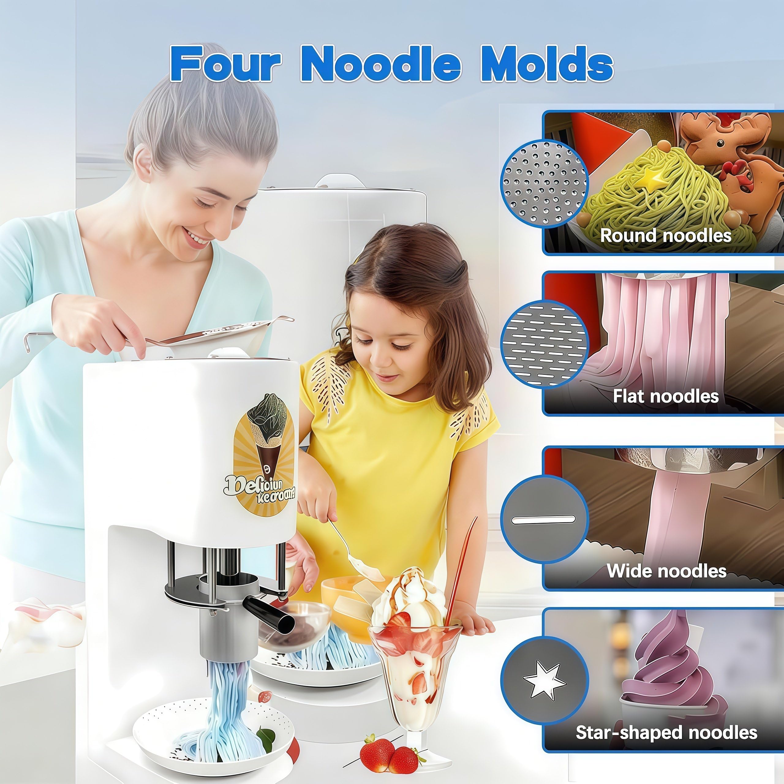 Machine à Glace Professionnelle, Extrudeuse à Pâtes Glacées 80 W avec 4 Moules De Formes Différentes, Débit De 7,4 à 7,9 Gal/H, pour Les Glaciers, Bars, Cafés, Restaurants Et Snacks Yellow